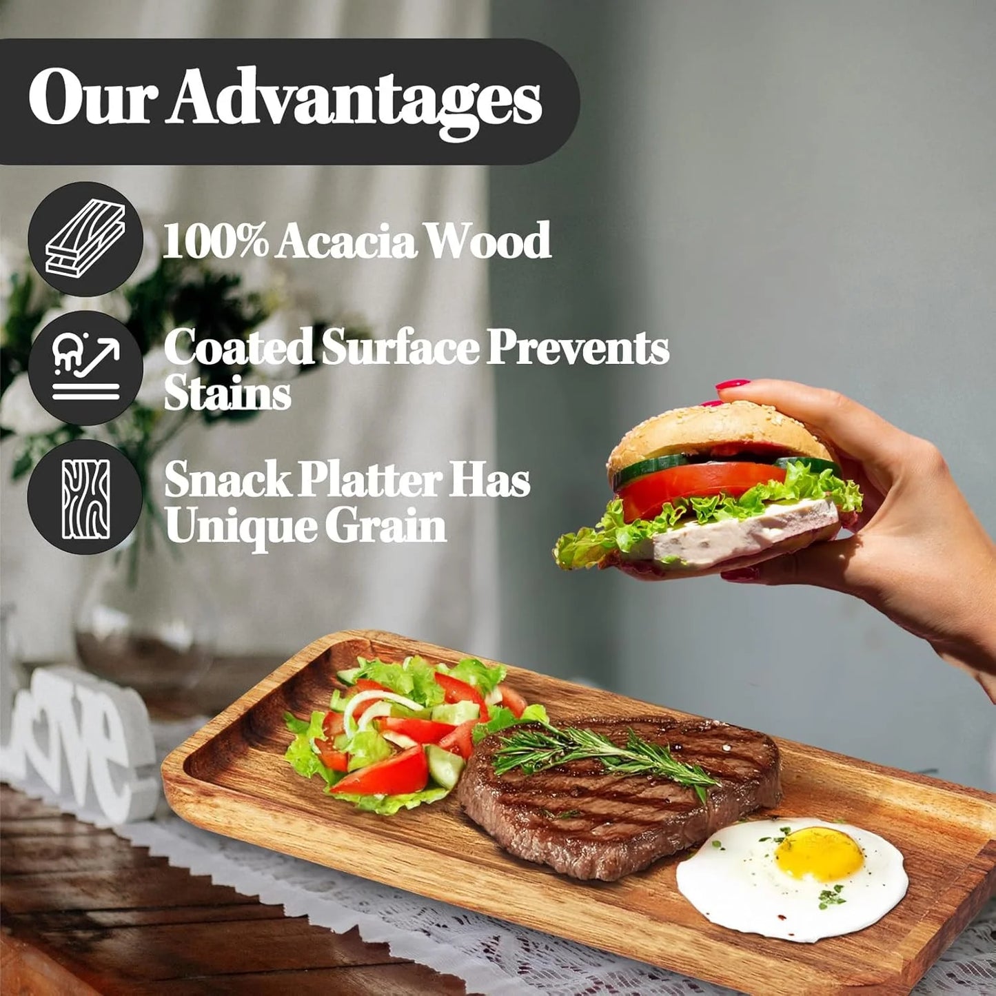 Natural Wood Acacia Wood Set of 3 Versatile Acacia Wood Serving Trays - Elegant Wooden Platters for Home Decor, Cheese, Fruit, and Charcuterie Presentation - Ideal for Hosting and Entertaining, Good Condition condition - View 6