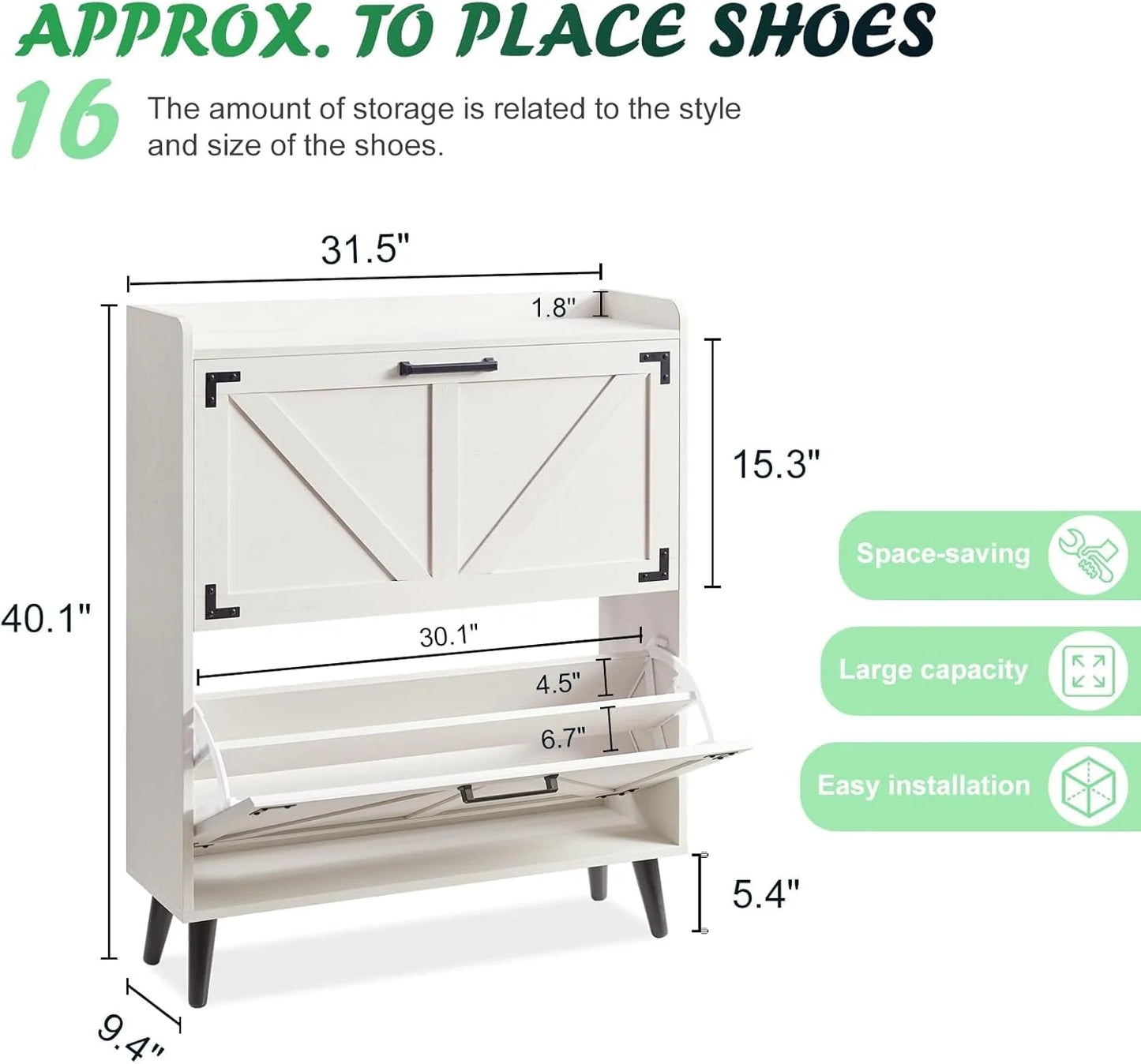 Antique White Wood Shoe Storage Cabinet with 2 Flip Drawers, Farmhouse Hidden Shoe Organizer, Narrow Slim Shoe Rack Cabinet for Entryway Hallway,Antique White, Good Condition condition - View 3