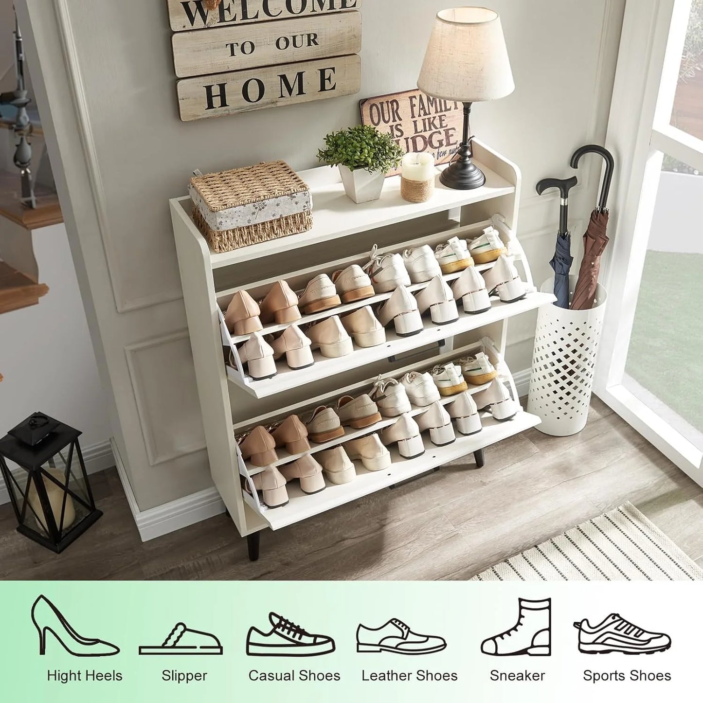 Antique White Wood Shoe Storage Cabinet with 2 Flip Drawers, Farmhouse Hidden Shoe Organizer, Narrow Slim Shoe Rack Cabinet for Entryway Hallway,Antique White, Good Condition condition - View 5