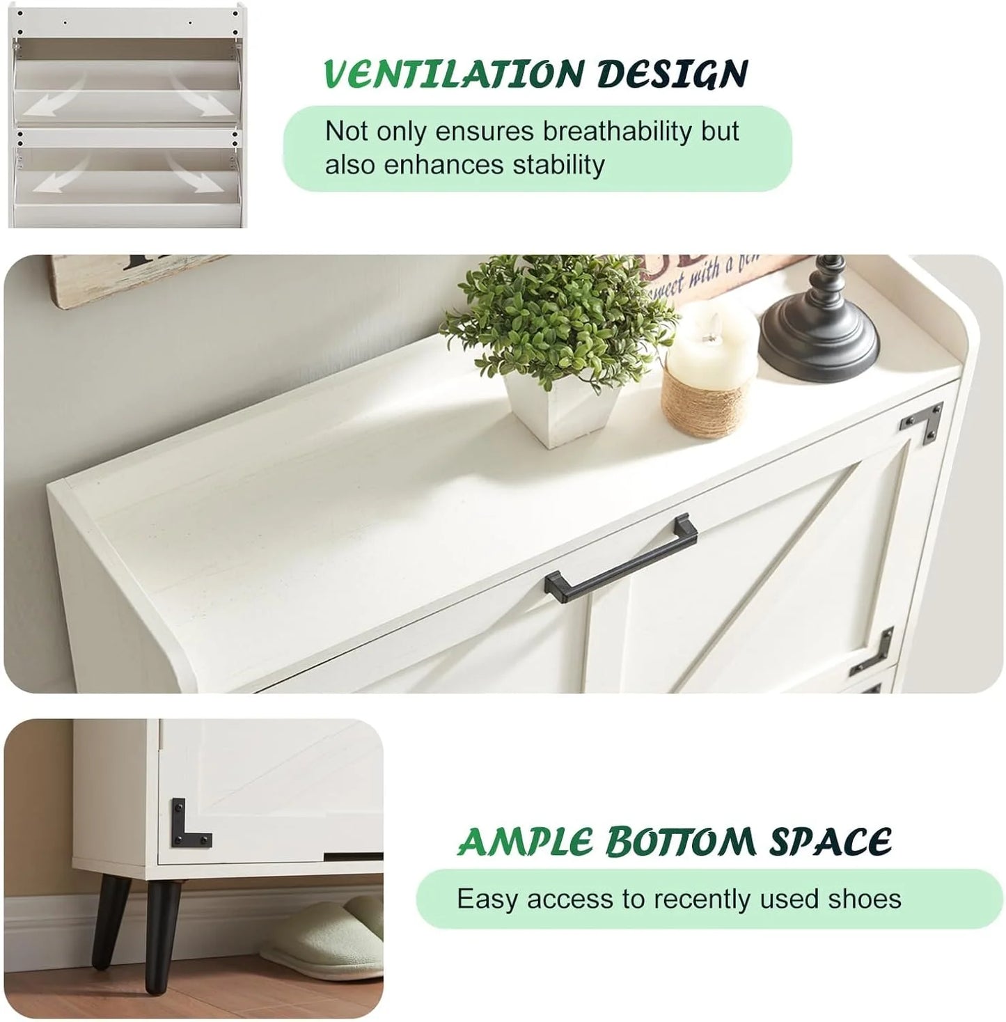 Antique White Wood Shoe Storage Cabinet with 2 Flip Drawers, Farmhouse Hidden Shoe Organizer, Narrow Slim Shoe Rack Cabinet for Entryway Hallway,Antique White, Good Condition condition - View 7