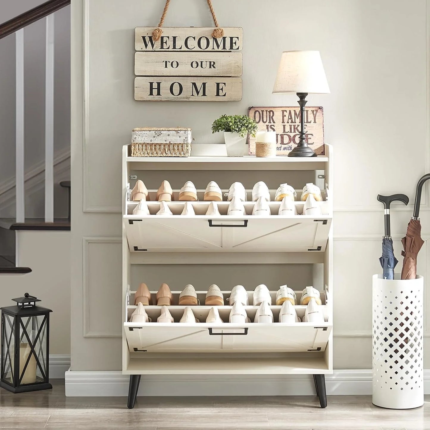 Farmhouse Shoe Storage Cabinet - Antique White - View 8