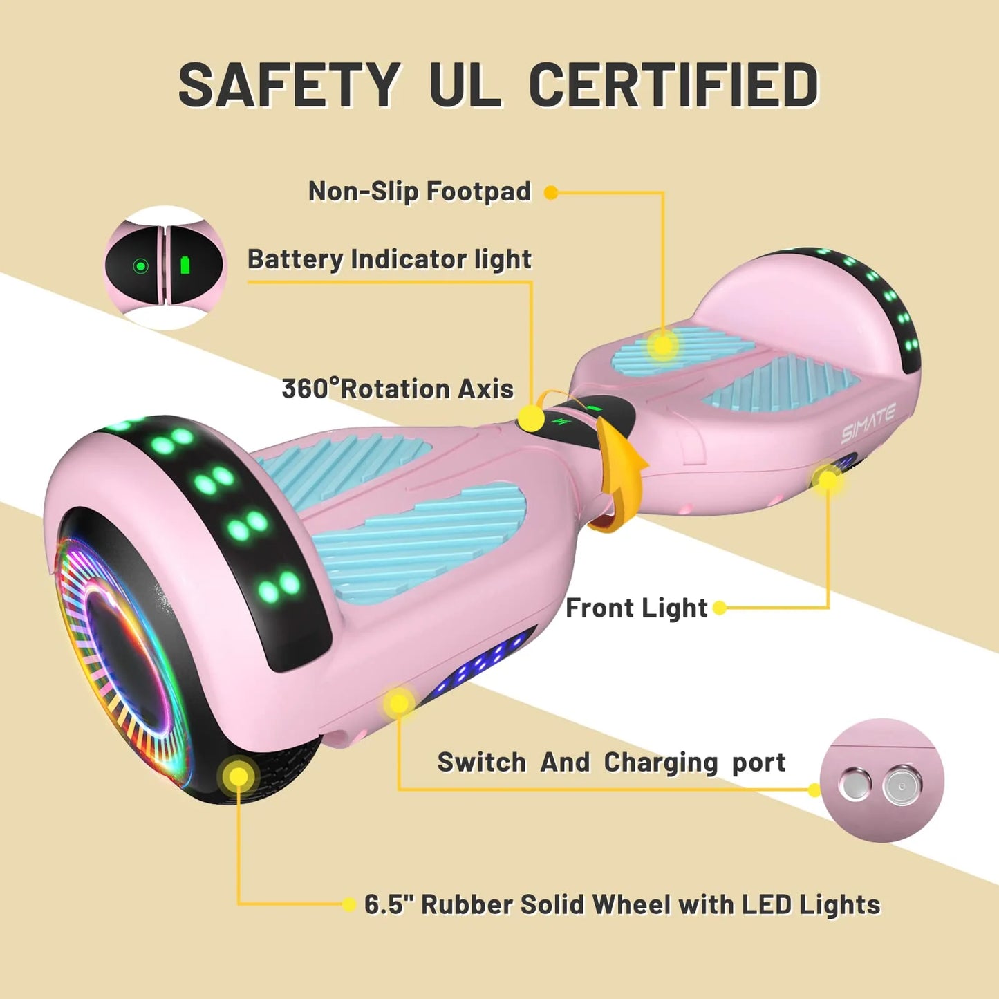 Multi-color N/A SIMATE 6.5" Hoverboard with Bluetooth & LED Lights, Self Balancing Hover Boards for Kids & Adults & Girls & Boys, Perfect Gift for All Ages, As Is condition - View 6