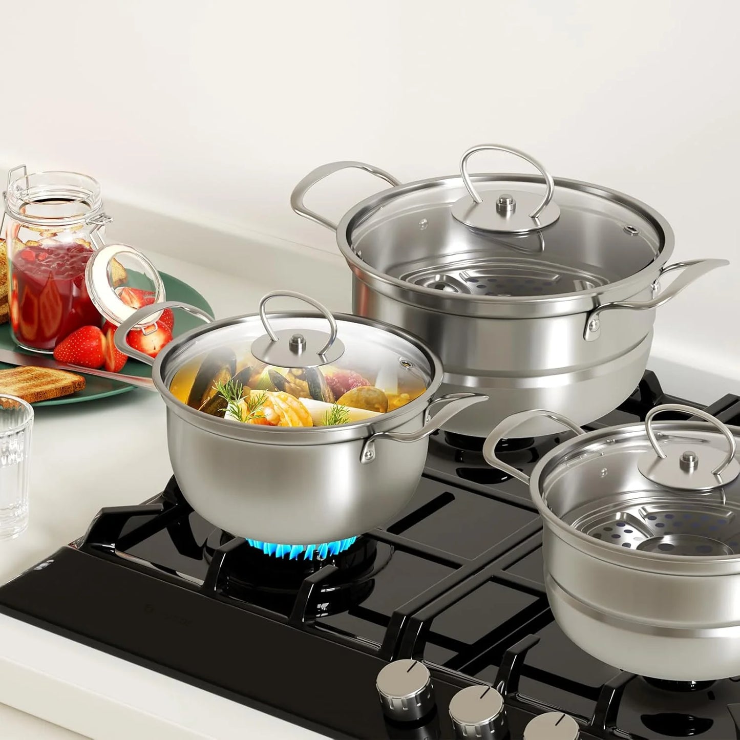Silver Stainless Steel Stainless Steel Cookware Set, 12 Piece Kitchen Induction Cookware Set, Good Condition condition - View 9