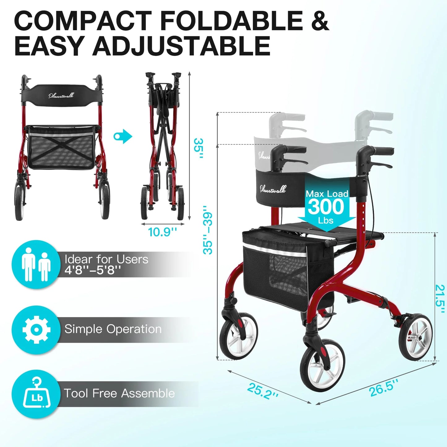 Super Lightweight Rollator Walker for Seniors - Red - View 4