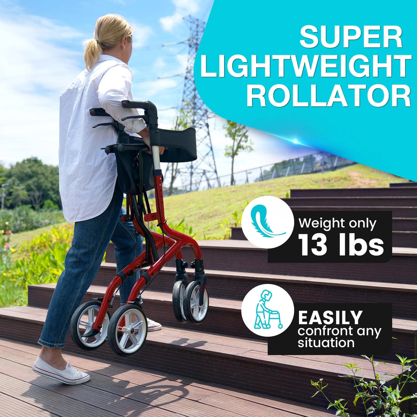 Super Lightweight Rollator Walker for Seniors - Red - View 7