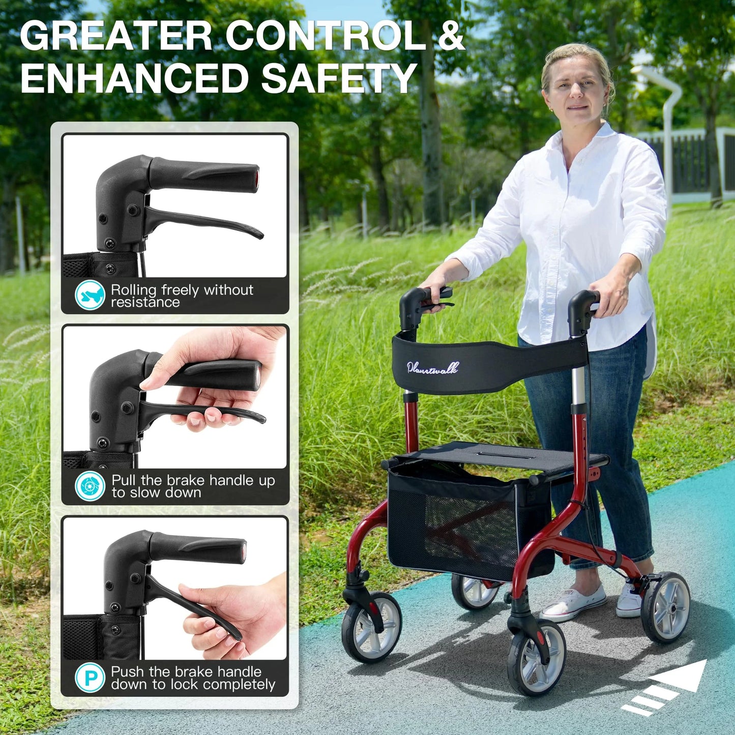 Red Aluminum Super Lightweight Rollator Walker for Seniors, Foldable Rolling Walker with Seat and 8" Rubber Wheels for All Terrain, Unique Design Aluminium Frame Sturdy Walkers for Traveling - Red, Brand New condition - View 8