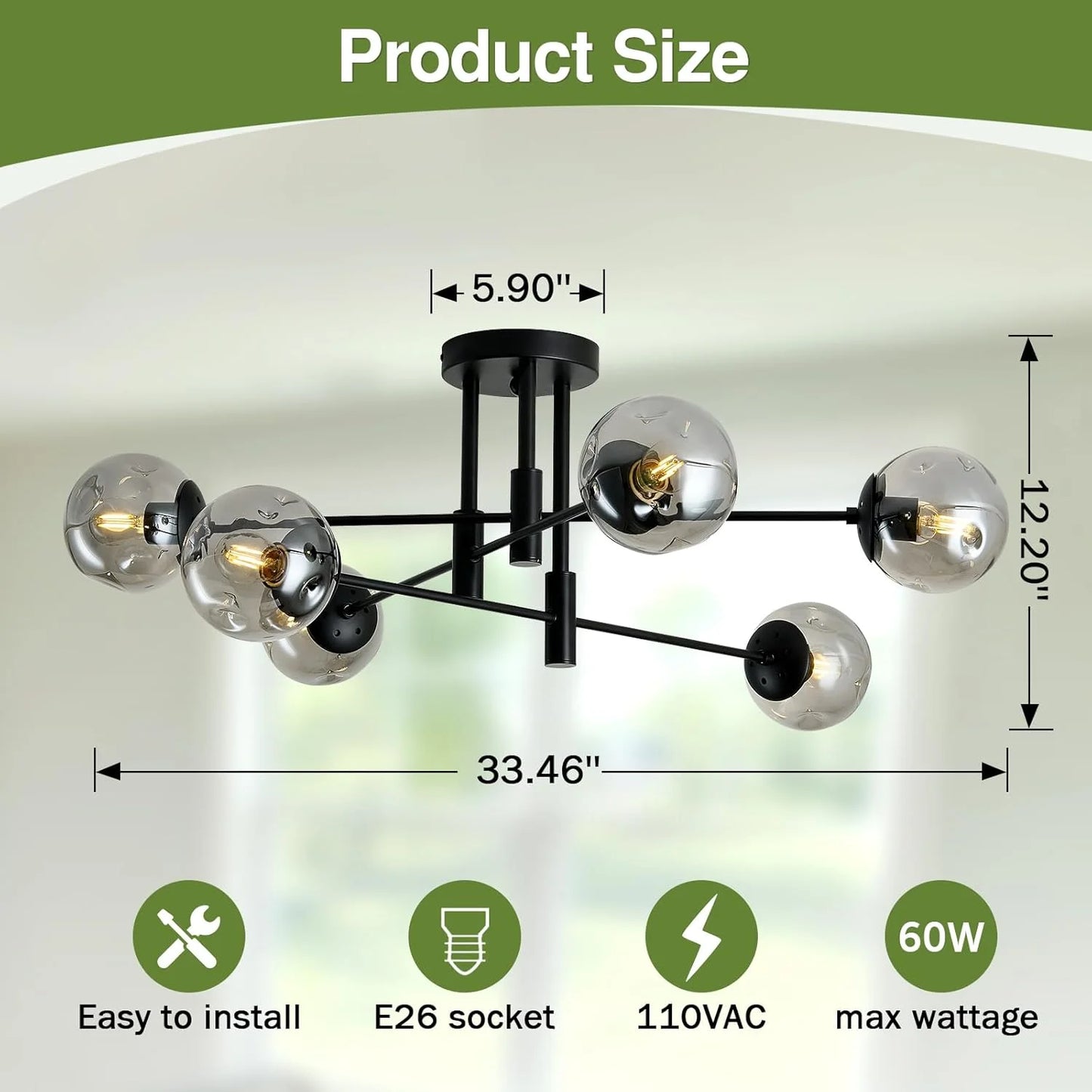 Black Glass, Metal SZXYKEJI 6-Lights Glass Globe Sputnik Chandelier Modern Flush Mount Ceiling Light Fixture Black Farmhouse Lighting for Dining Room Living Room Bedroom Kitchen Passageway, Good Condition condition - View 2