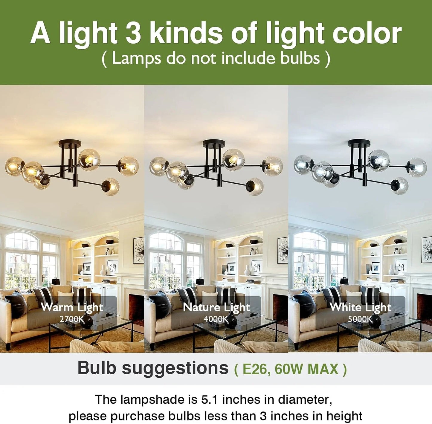 Black Glass, Metal SZXYKEJI 6-Lights Glass Globe Sputnik Chandelier Modern Flush Mount Ceiling Light Fixture Black Farmhouse Lighting for Dining Room Living Room Bedroom Kitchen Passageway, Good Condition condition - View 3