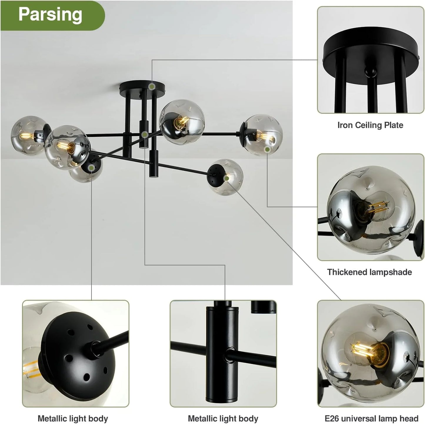 Black Glass, Metal SZXYKEJI 6-Lights Glass Globe Sputnik Chandelier Modern Flush Mount Ceiling Light Fixture Black Farmhouse Lighting for Dining Room Living Room Bedroom Kitchen Passageway, Good Condition condition - View 4