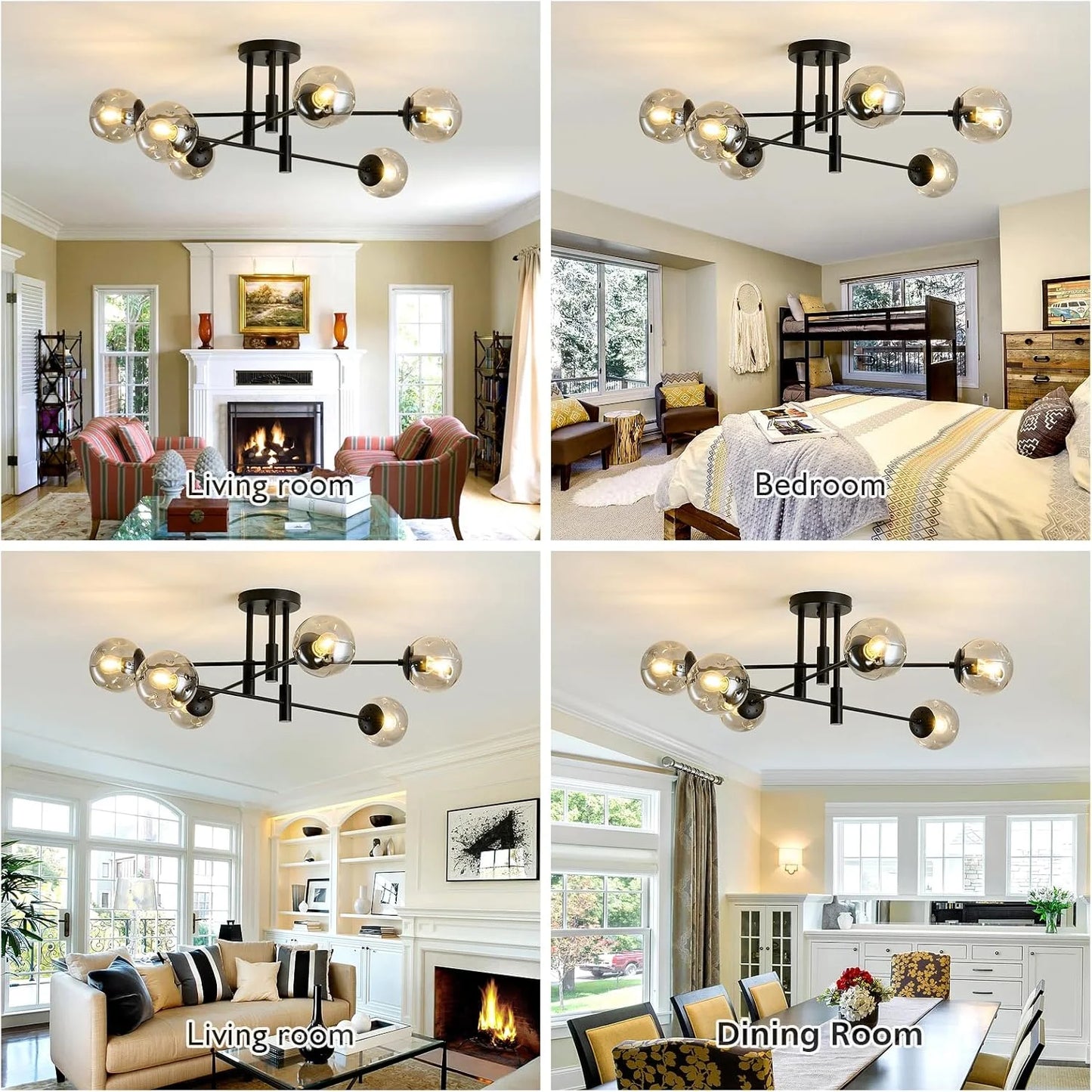 Black Glass, Metal SZXYKEJI 6-Lights Glass Globe Sputnik Chandelier Modern Flush Mount Ceiling Light Fixture Black Farmhouse Lighting for Dining Room Living Room Bedroom Kitchen Passageway, Good Condition condition - View 5