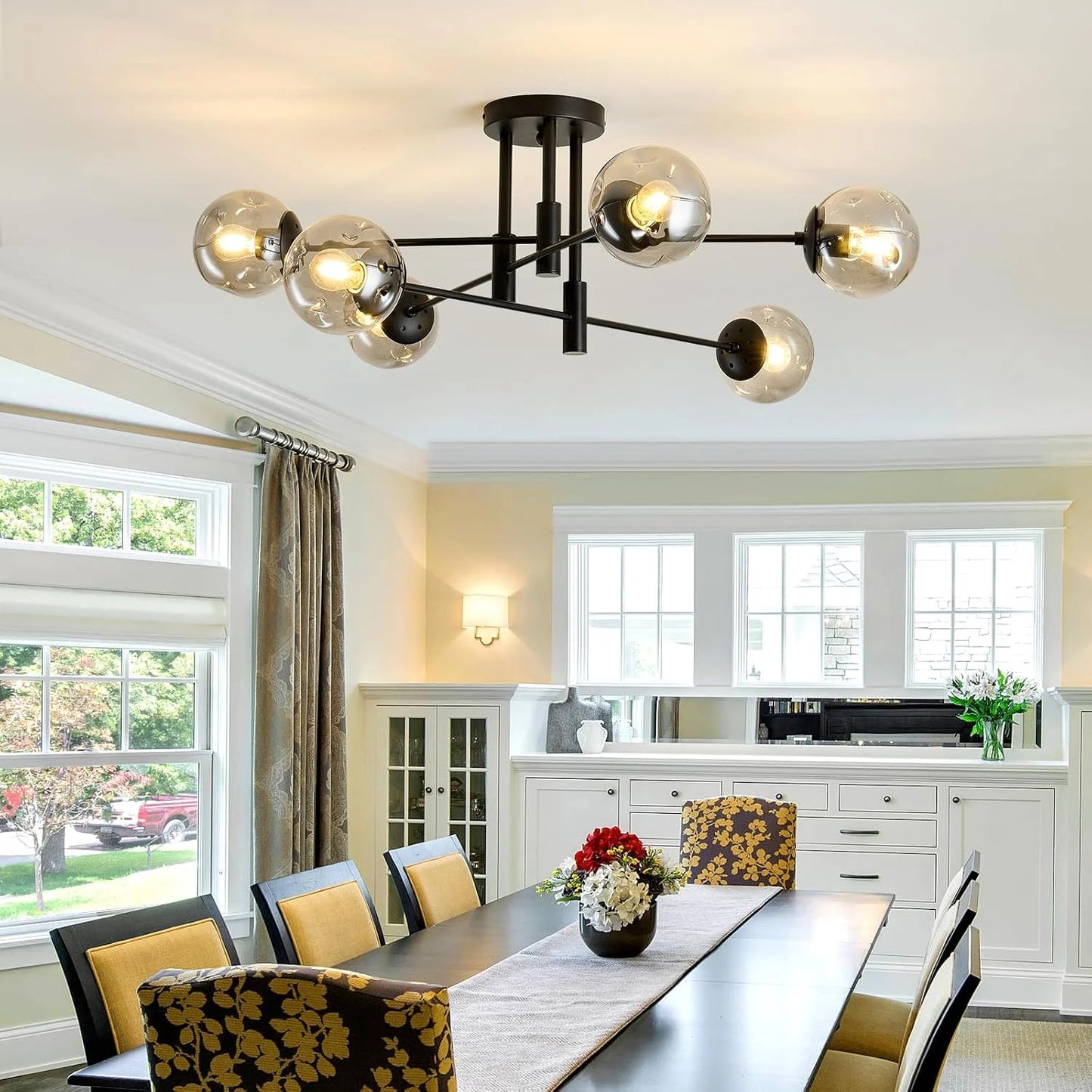Black Glass, Metal SZXYKEJI 6-Lights Glass Globe Sputnik Chandelier Modern Flush Mount Ceiling Light Fixture Black Farmhouse Lighting for Dining Room Living Room Bedroom Kitchen Passageway, Good Condition condition - View 6