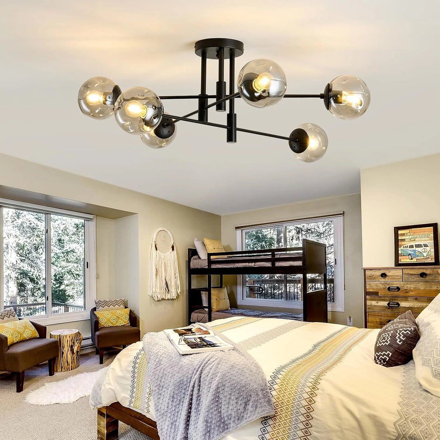 Black Glass, Metal SZXYKEJI 6-Lights Glass Globe Sputnik Chandelier Modern Flush Mount Ceiling Light Fixture Black Farmhouse Lighting for Dining Room Living Room Bedroom Kitchen Passageway, Good Condition condition - View 7