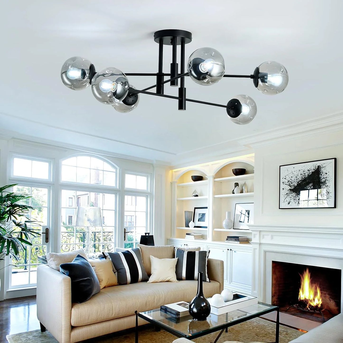 Black Glass, Metal SZXYKEJI 6-Lights Glass Globe Sputnik Chandelier Modern Flush Mount Ceiling Light Fixture Black Farmhouse Lighting for Dining Room Living Room Bedroom Kitchen Passageway, Good Condition condition - View 8