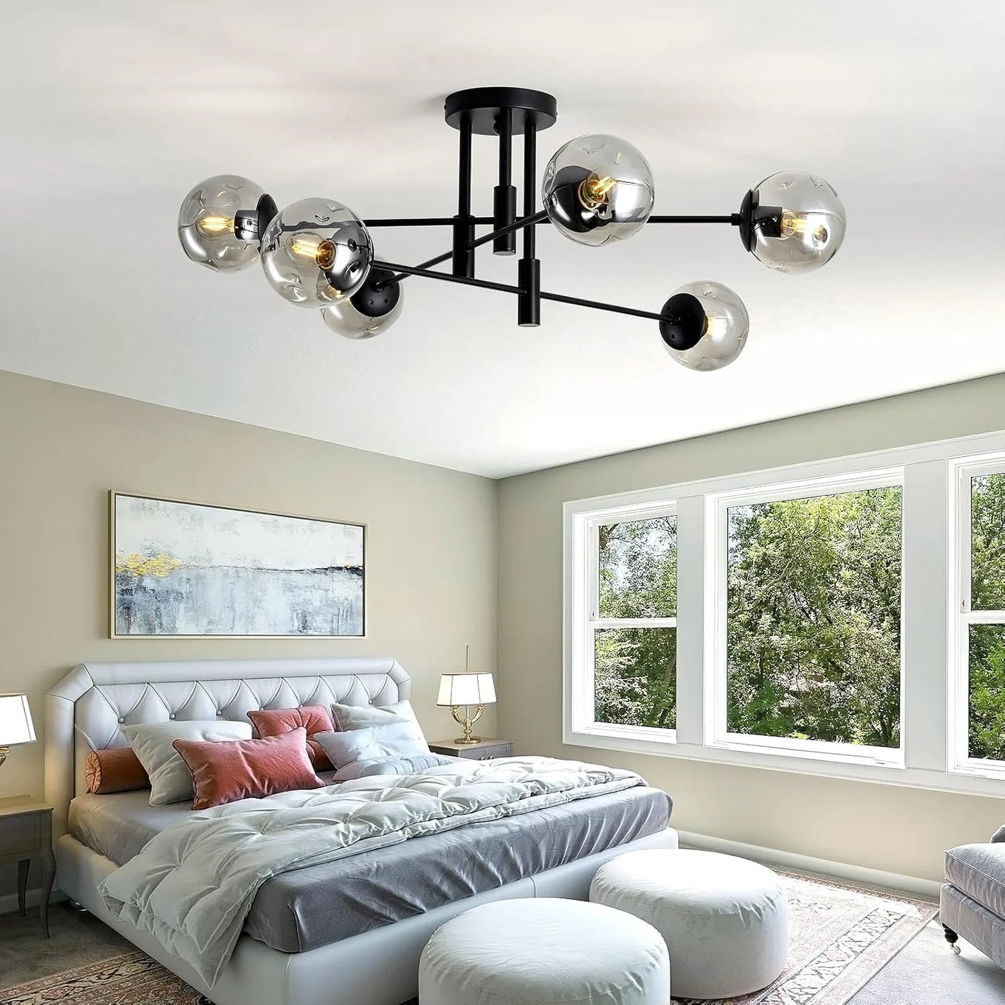 Black Glass, Metal SZXYKEJI 6-Lights Glass Globe Sputnik Chandelier Modern Flush Mount Ceiling Light Fixture Black Farmhouse Lighting for Dining Room Living Room Bedroom Kitchen Passageway, Good Condition condition - View 9