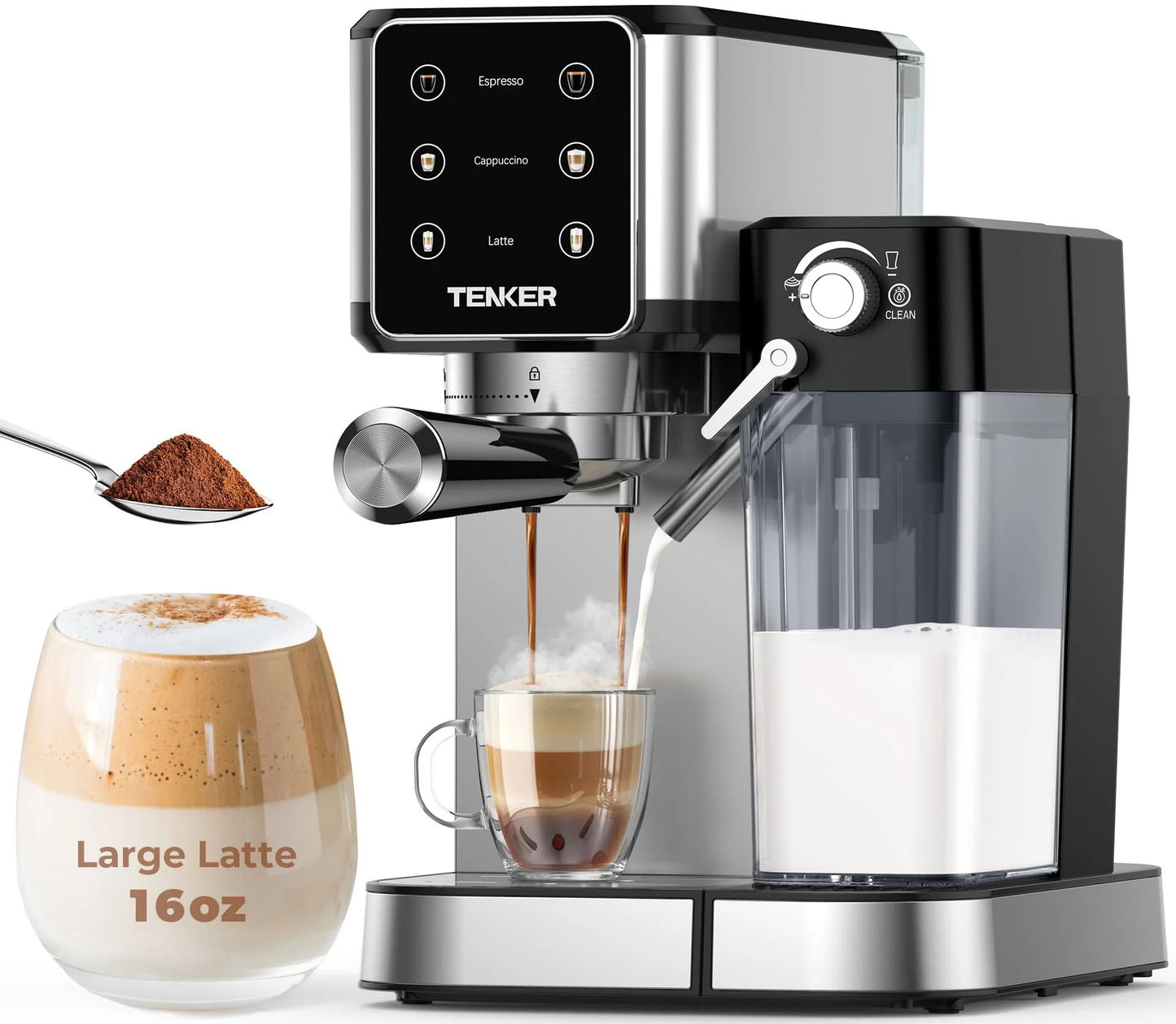 Silver Stainless Steel TENKER Espresso Machine 20 Bar, Cappuccino Machine with Automatic Milk Frother, Latte Machine in Stainless Steel Design, 1350W Touchscreen Coffee Maker for Home and Office (Silver), Good Condition condition - View 1