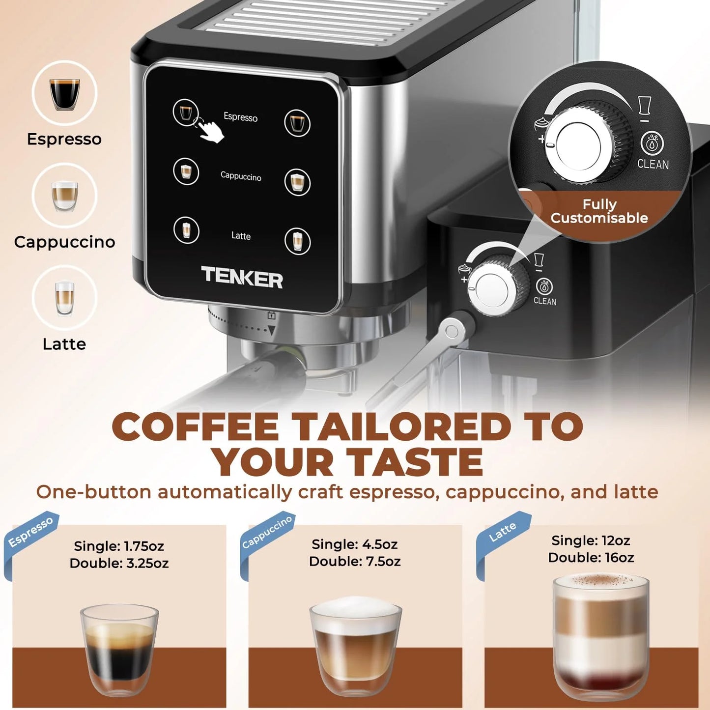 Silver Stainless Steel TENKER Espresso Machine 20 Bar, Cappuccino Machine with Automatic Milk Frother, Latte Machine in Stainless Steel Design, 1350W Touchscreen Coffee Maker for Home and Office (Silver), Good Condition condition - View 3