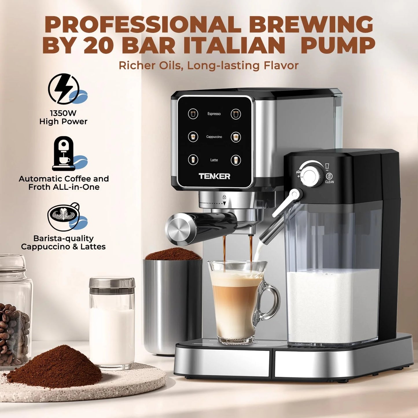 Silver Stainless Steel TENKER Espresso Machine 20 Bar, Cappuccino Machine with Automatic Milk Frother, Latte Machine in Stainless Steel Design, 1350W Touchscreen Coffee Maker for Home and Office (Silver), Good Condition condition - View 4