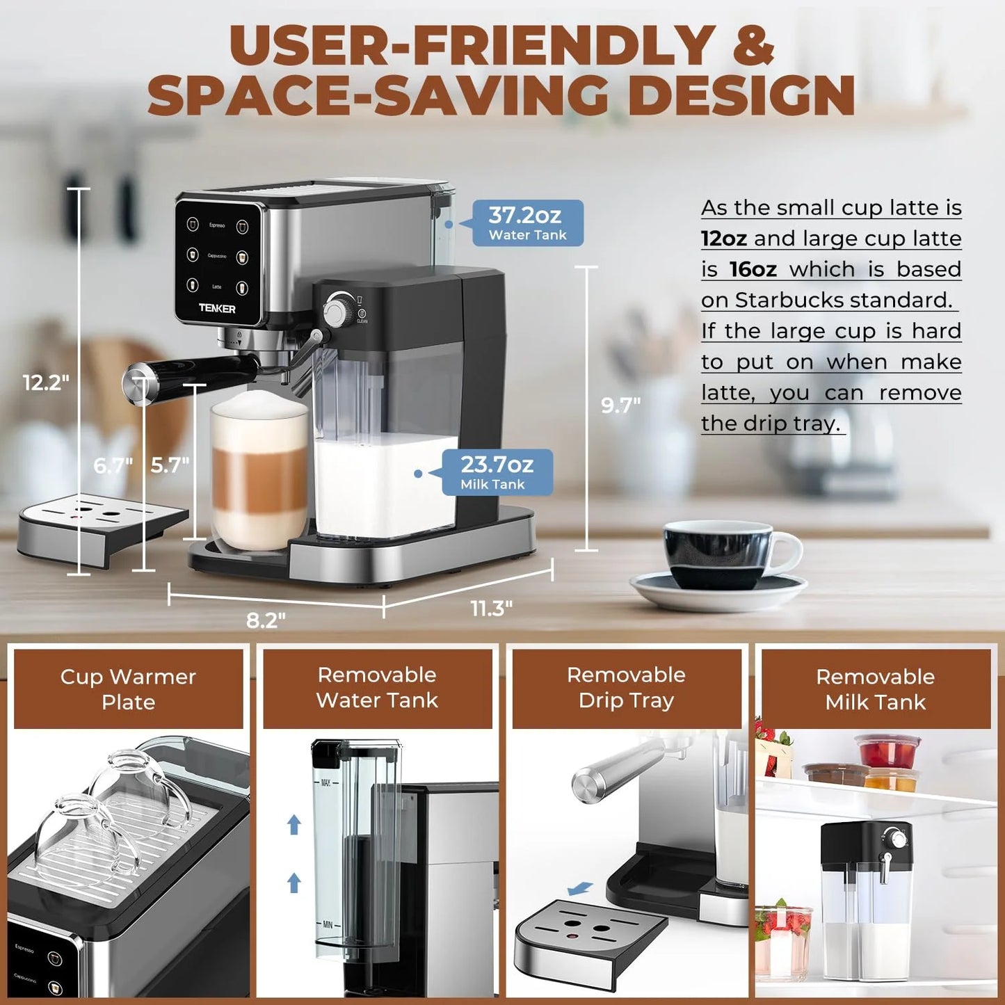 Silver Stainless Steel TENKER Espresso Machine 20 Bar, Cappuccino Machine with Automatic Milk Frother, Latte Machine in Stainless Steel Design, 1350W Touchscreen Coffee Maker for Home and Office (Silver), Good Condition condition - View 6