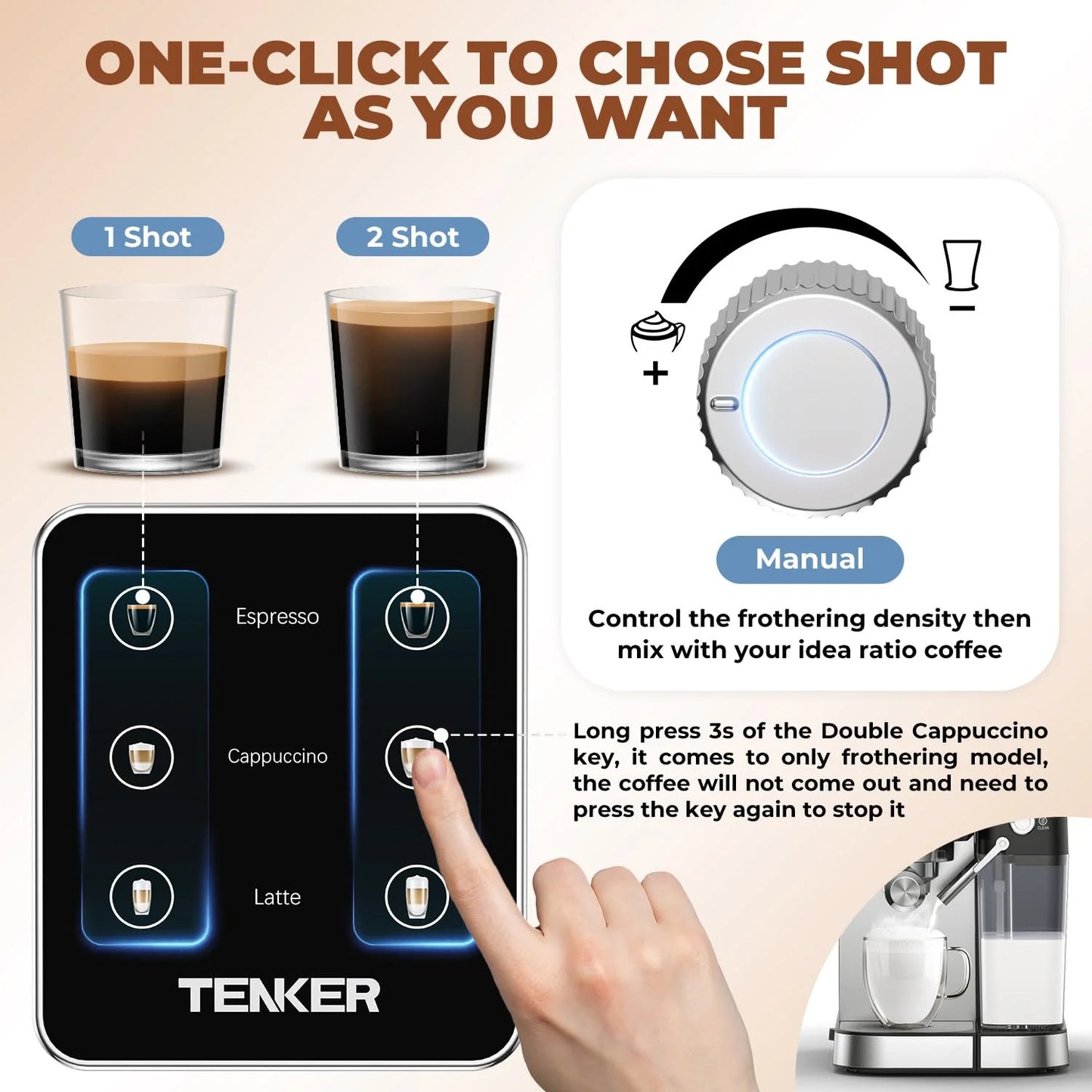 Silver Stainless Steel TENKER Espresso Machine 20 Bar, Cappuccino Machine with Automatic Milk Frother, Latte Machine in Stainless Steel Design, 1350W Touchscreen Coffee Maker for Home and Office (Silver), Good Condition condition - View 7