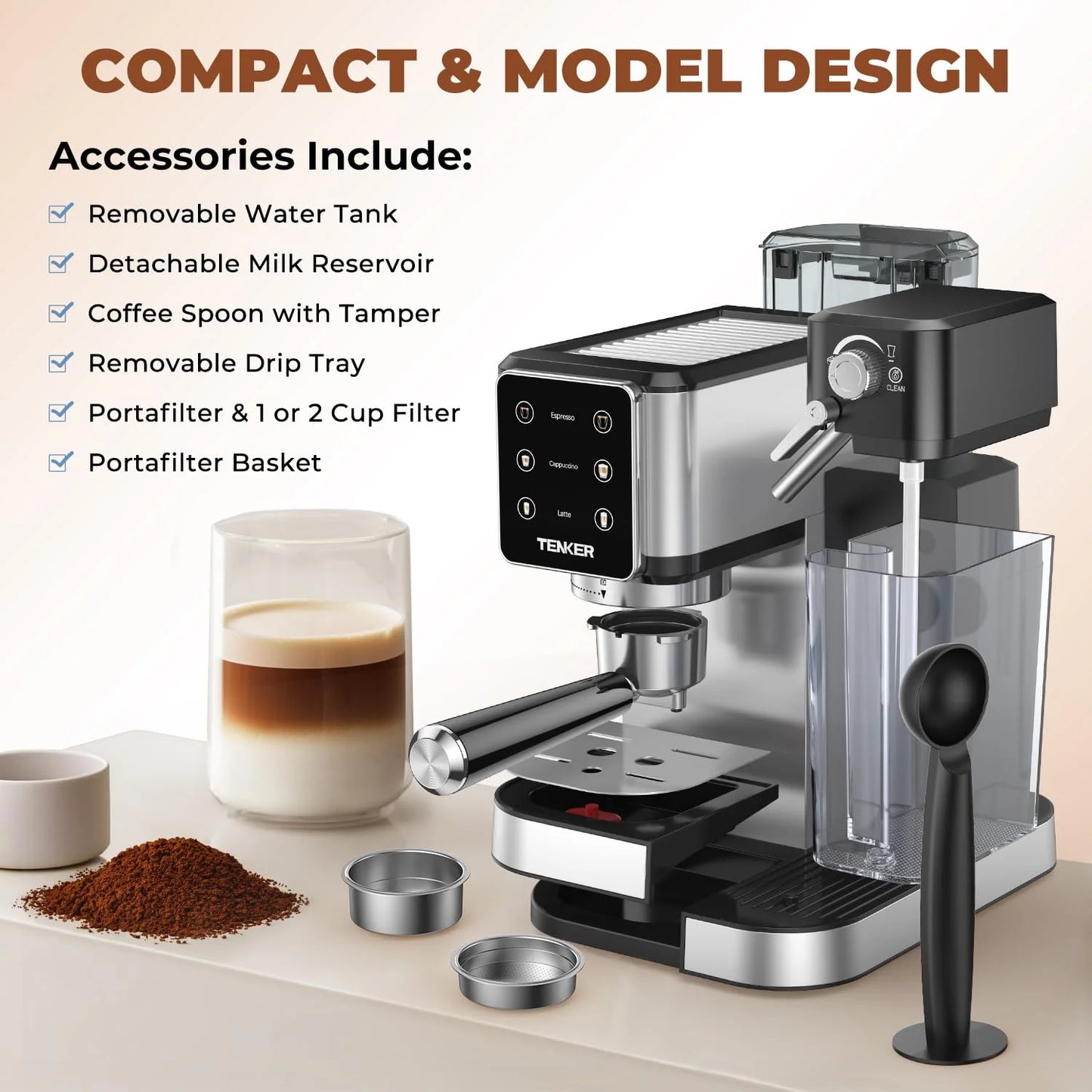 Silver Stainless Steel TENKER Espresso Machine 20 Bar, Cappuccino Machine with Automatic Milk Frother, Latte Machine in Stainless Steel Design, 1350W Touchscreen Coffee Maker for Home and Office (Silver), Good Condition condition - View 8