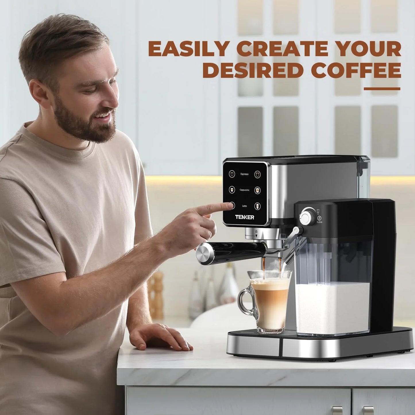 Silver Stainless Steel TENKER Espresso Machine 20 Bar, Cappuccino Machine with Automatic Milk Frother, Latte Machine in Stainless Steel Design, 1350W Touchscreen Coffee Maker for Home and Office (Silver), Good Condition condition - View 9