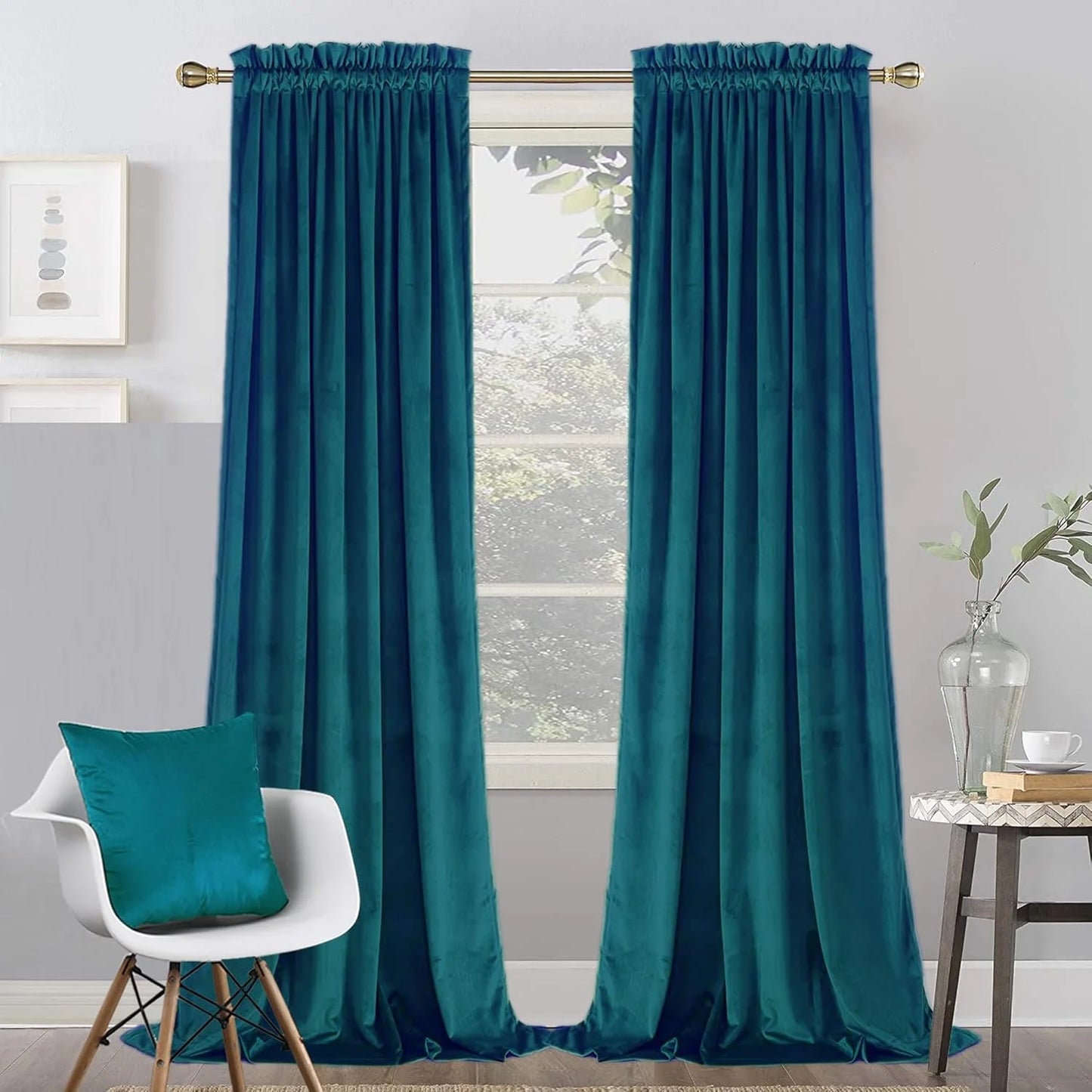 Twin Six Blackout Velvet Curtains 2 Panels Set with 2 Pillow Cases, Teal - View 1