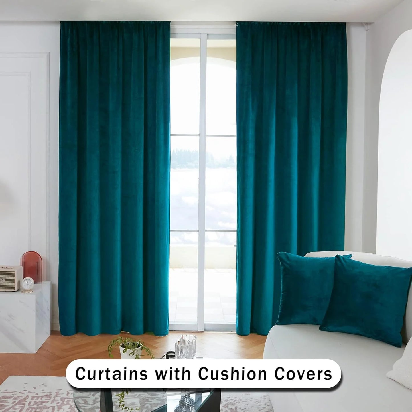 Twin Six Blackout Velvet Curtains 2 Panels Set with 2 Pillow Cases, Teal - View 4