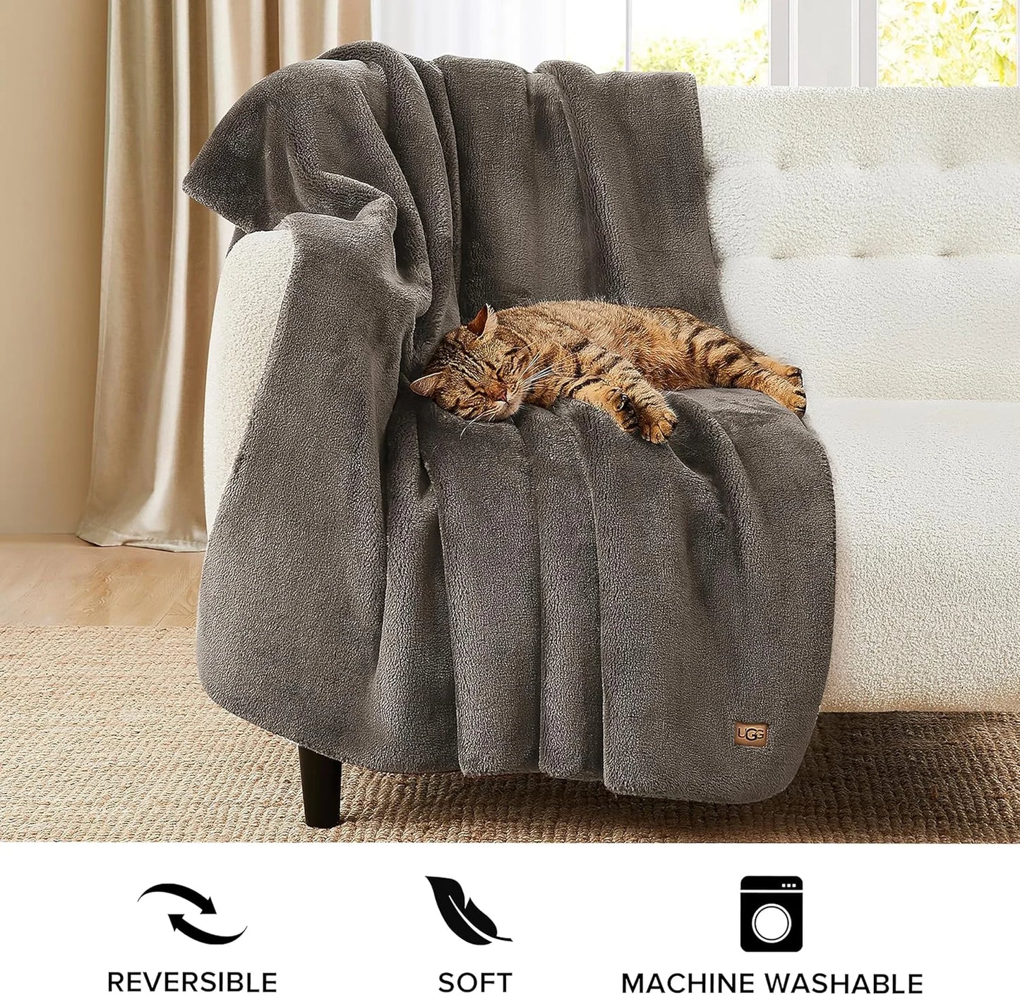 Light Fawn Throw Brown Plush Flannel UGG 18964 Whitecap Plush Flannel Oversized Reversible Fleece Throw Blanket Comfortable Lightweight Decor Hotel Style Luxurious Machine Easy Care Washable Blankets, 50 x 70-Inch, Light Fawn Throw Brown, Good Condition condition - View 4
