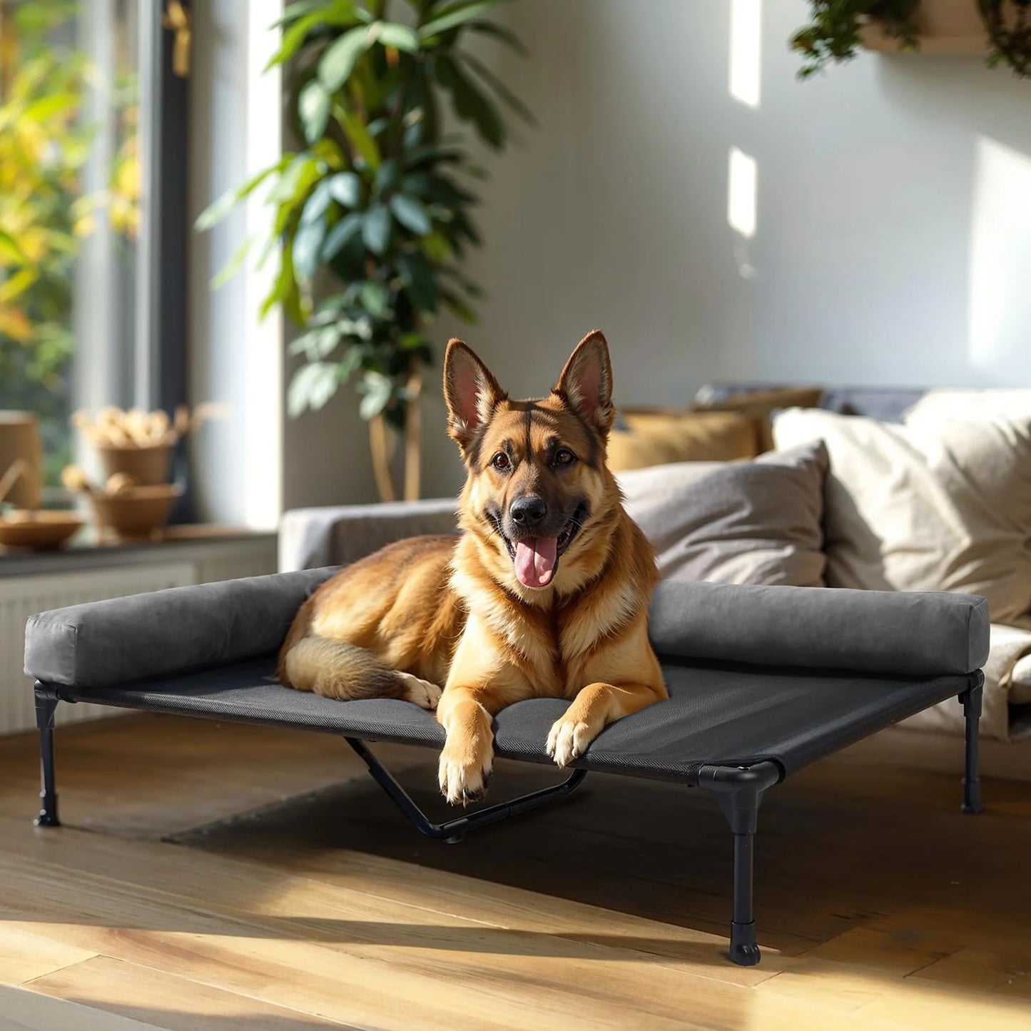 Black Mesh, Fabric Veehoo Elevated Dog Bed-Raised Cooling Outdoor Dog Cot for Large Sized Dogs Outside Off Ground with Breathable Mesh & No-Slip Feet Pet Hammock Bed with Removable Bolster-49 x 33" Black, As Is condition - View 1