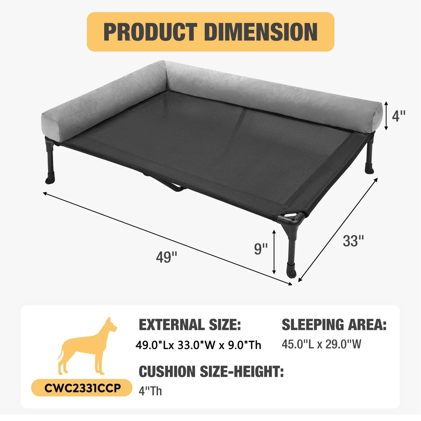 Black Mesh, Fabric Veehoo Elevated Dog Bed-Raised Cooling Outdoor Dog Cot for Large Sized Dogs Outside Off Ground with Breathable Mesh & No-Slip Feet Pet Hammock Bed with Removable Bolster-49 x 33" Black, As Is condition - View 7