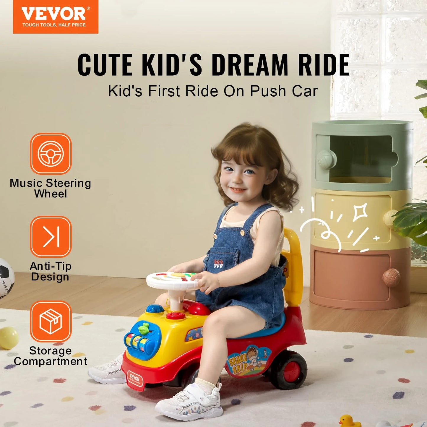 Assorted Plastic VEVOR Ride On Push Car for Toddlers, Ages 19+ Months, Ride Racer, Sit to Stand Toddler Ride On Toy, Kids Ride On Car with Music Steering, Horn & Under Seat Storage, Ride On Toy for Boys Girls, Good Condition condition - View 2