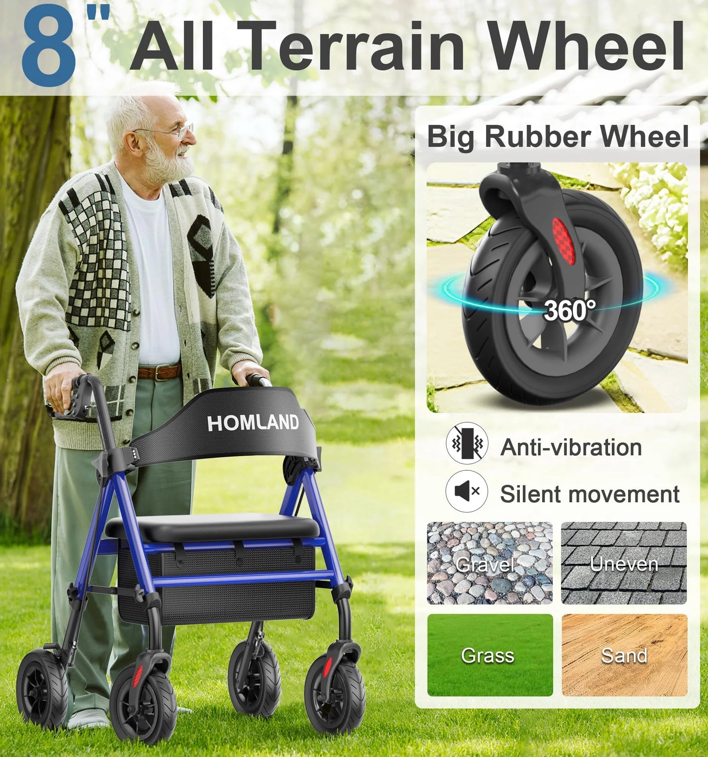 Silver Aluminum Walkers for Seniors with Seat, Foldable Rollator Walker, Reinforced Aluminum Frame, 8" Big Rubber Wheels for All Terrain, Height Adjustable Lightweight Rolling Walker, As Is condition - View 5
