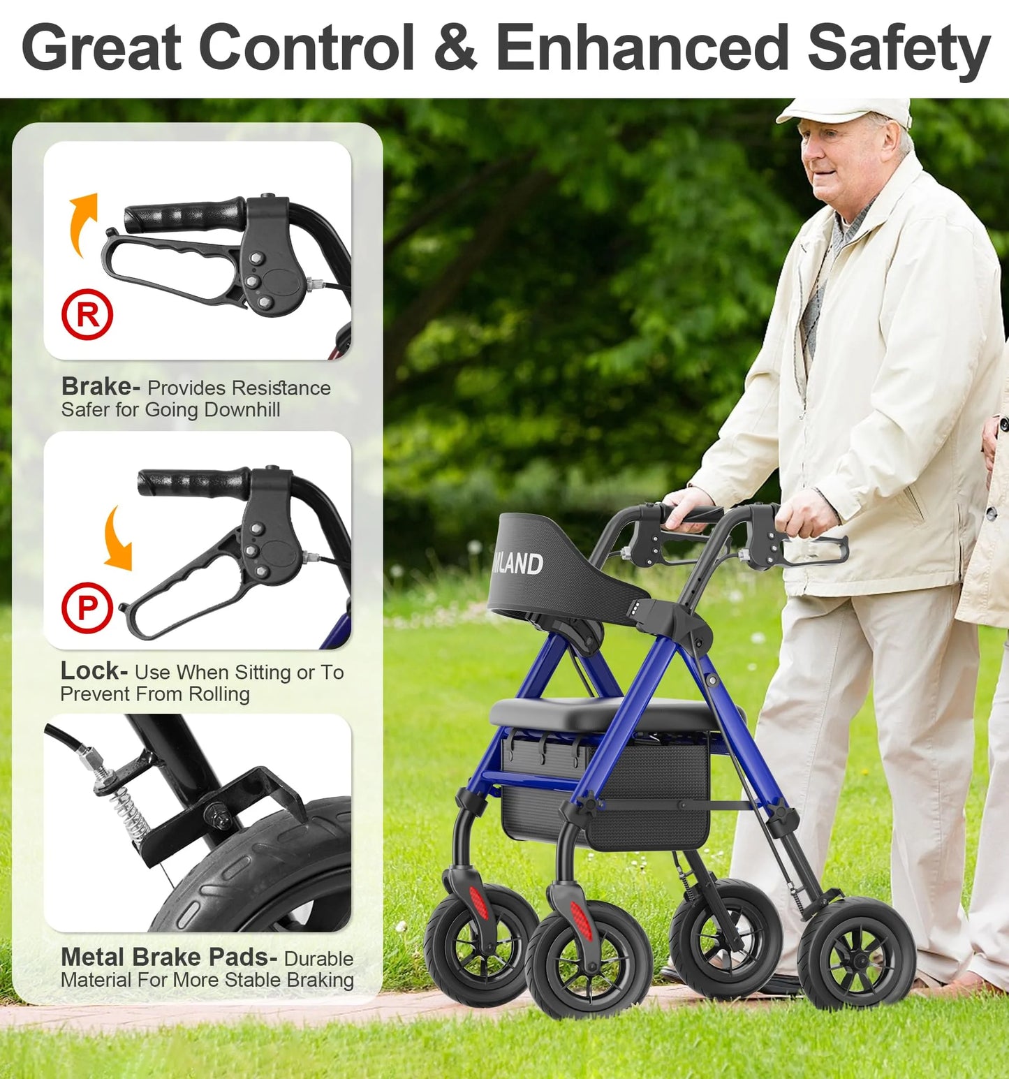 Silver Aluminum Walkers for Seniors with Seat, Foldable Rollator Walker, Reinforced Aluminum Frame, 8" Big Rubber Wheels for All Terrain, Height Adjustable Lightweight Rolling Walker, As Is condition - View 6