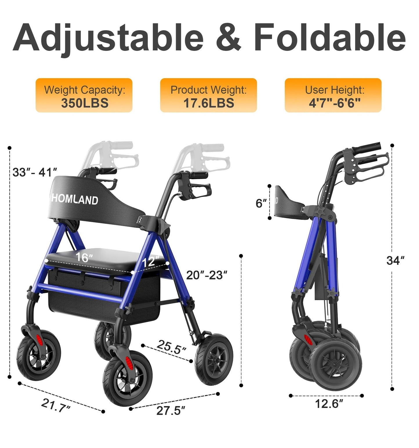 Silver Aluminum Walkers for Seniors with Seat, Foldable Rollator Walker, Reinforced Aluminum Frame, 8" Big Rubber Wheels for All Terrain, Height Adjustable Lightweight Rolling Walker, As Is condition - View 7