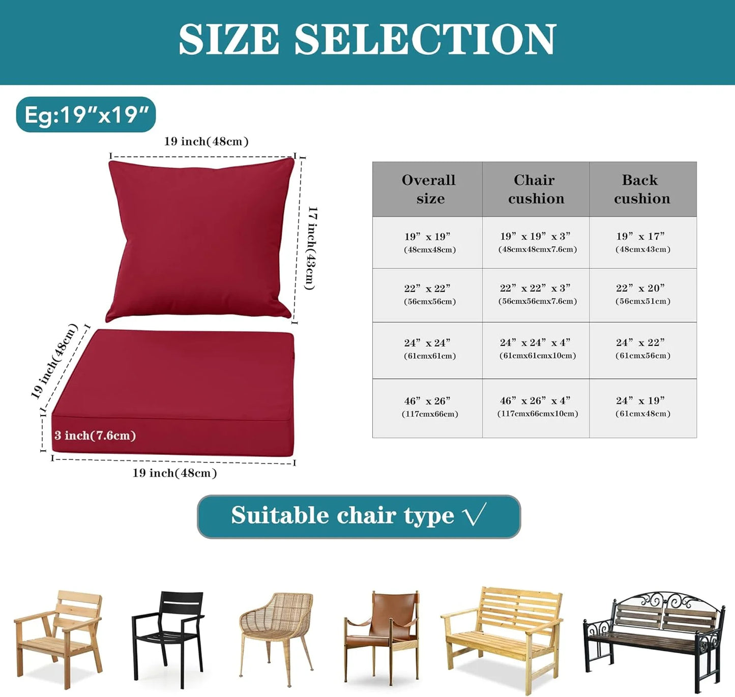 Burgundy Waterproof fabric Waterproof Outdoor Chair Cushion Set, Fade and Tear Resistant Patio Furniture Cushions with Removeable Covers, 19x19 Inch, Burgundy, Set of 4, Good Condition condition - View 11