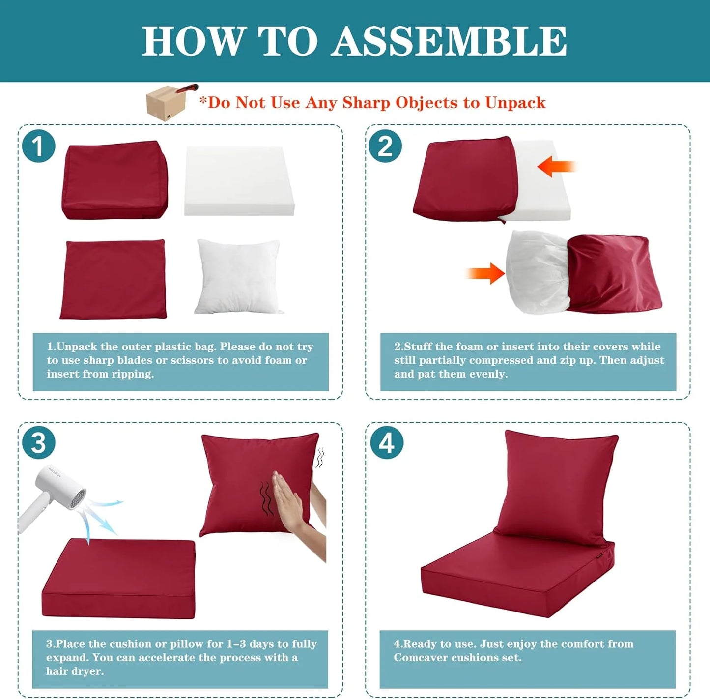 Burgundy Waterproof fabric Waterproof Outdoor Chair Cushion Set, Fade and Tear Resistant Patio Furniture Cushions with Removeable Covers, 19x19 Inch, Burgundy, Set of 4, Good Condition condition - View 6