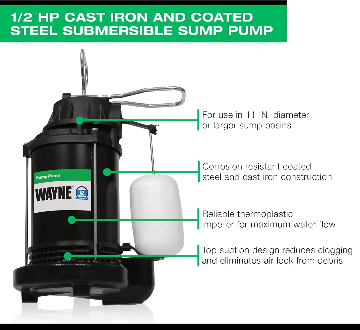 Black Cast Iron, Steel WAYNE CDU800 1/2 HP Submersible Cast Iron and Steel Sump Pump With Integrated Vertical Float Switch, Good Condition condition - View 4