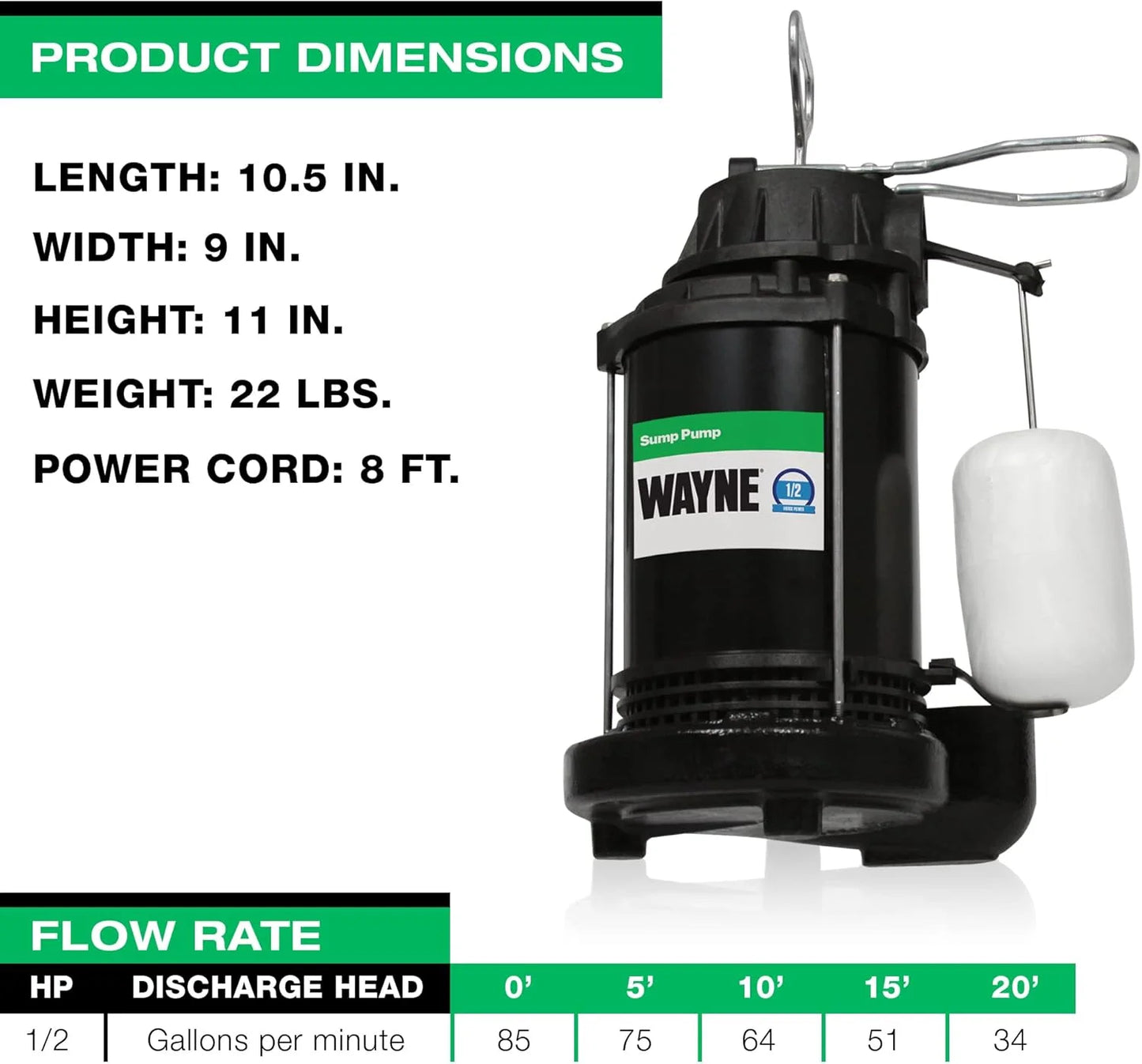 Black Cast Iron, Steel WAYNE CDU800 1/2 HP Submersible Cast Iron and Steel Sump Pump With Integrated Vertical Float Switch, Good Condition condition - View 5