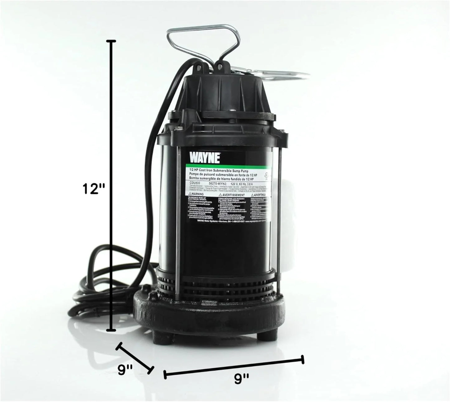Black Cast Iron, Steel WAYNE CDU800 1/2 HP Submersible Cast Iron and Steel Sump Pump With Integrated Vertical Float Switch, Good Condition condition - View 7