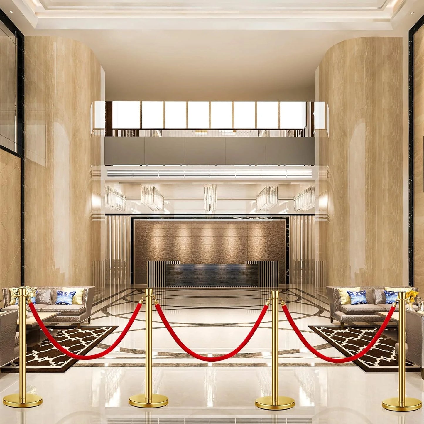 Red, Gold Stainless Steel, Velvet Wesiti 8 Pcs Stainless Steel Stanchion Post Queue, 5ft Red Velvet Rope Red Carpet Ropes and Poles Stanchions and Velvet Ropes Gold Stanchions with Red Rope Crowd Control Barriers for Party Supplies, Good Condition condition - View 8