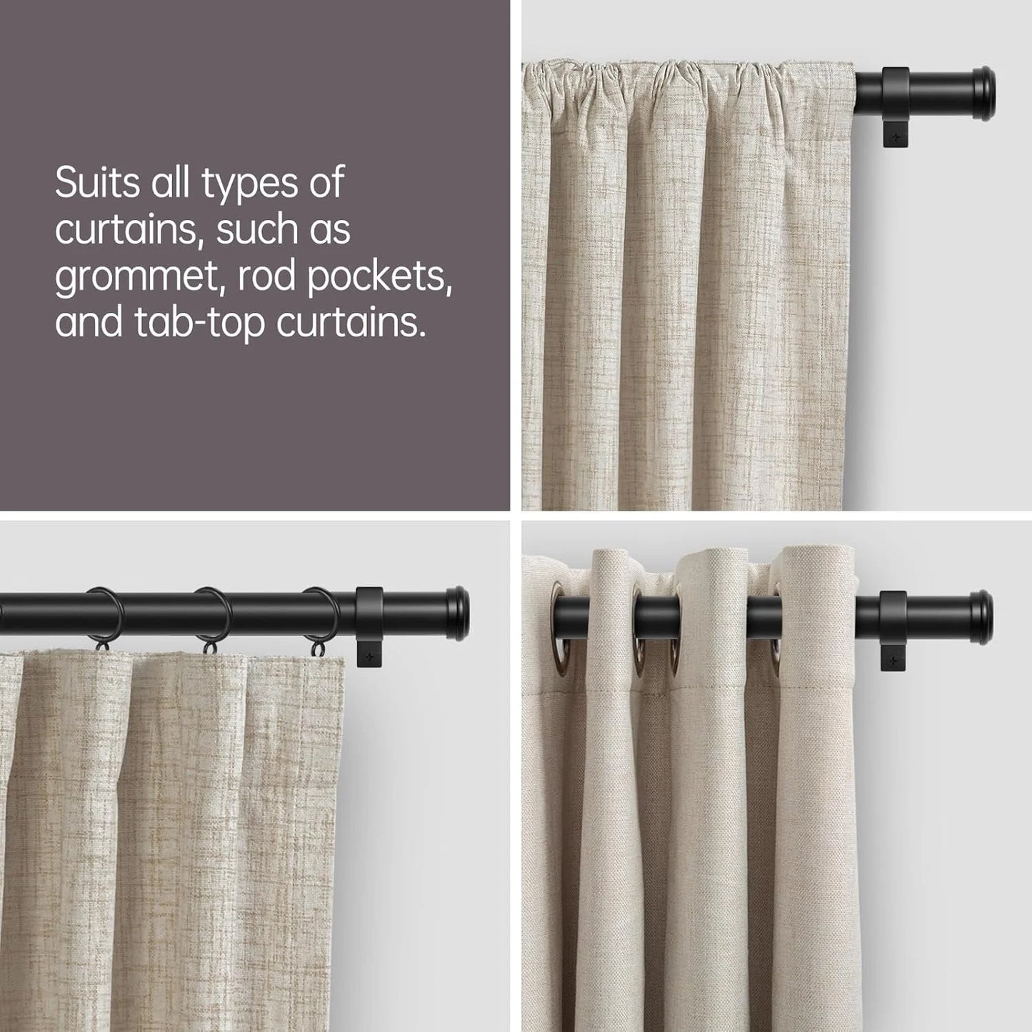 Black Metal Zeerobee Curtain Rods for Windows 32 to 168, 1 Inch Black Heavy Duty Adjustable Drapery Rods, Modern Indoor/Outdoor Curtain Pole for Bedroom, Living Room, Patio, Farmhouse, 32"-168", Brand New condition - View 10
