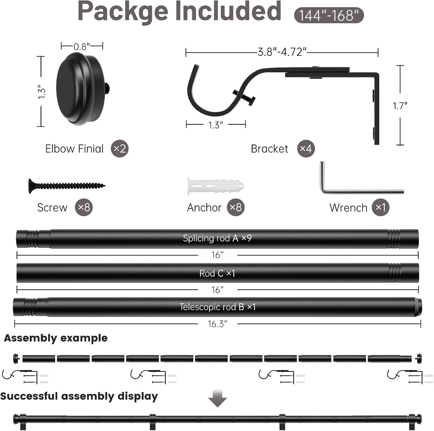Black Metal Zeerobee Curtain Rods for Windows 32 to 168, 1 Inch Black Heavy Duty Adjustable Drapery Rods, Modern Indoor/Outdoor Curtain Pole for Bedroom, Living Room, Patio, Farmhouse, 32"-168", Brand New condition - View 8