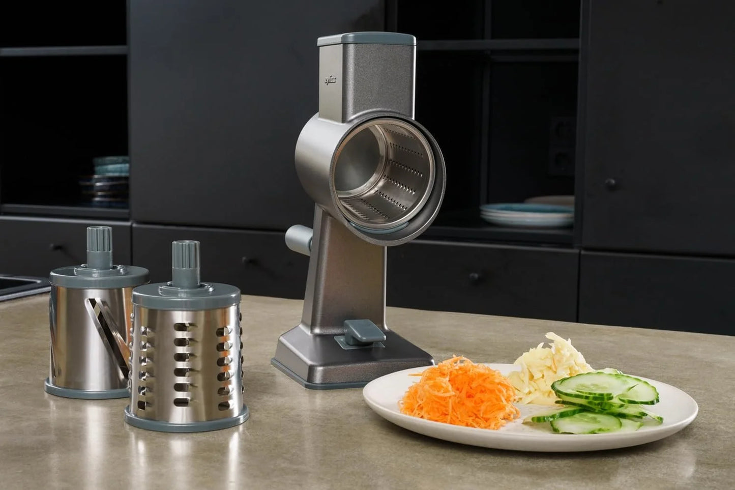 Silver Aluminium Zyliss Rotary Cheese Grater, Aluminium, 3 Steel Drum Blades, Cheese, Vegetable, Chocolate, Nut, Fruit Grater with Handle, Non-Slip Suction Foot and Table Clamp, 5 Year Guarantee, Good Condition condition - View 12