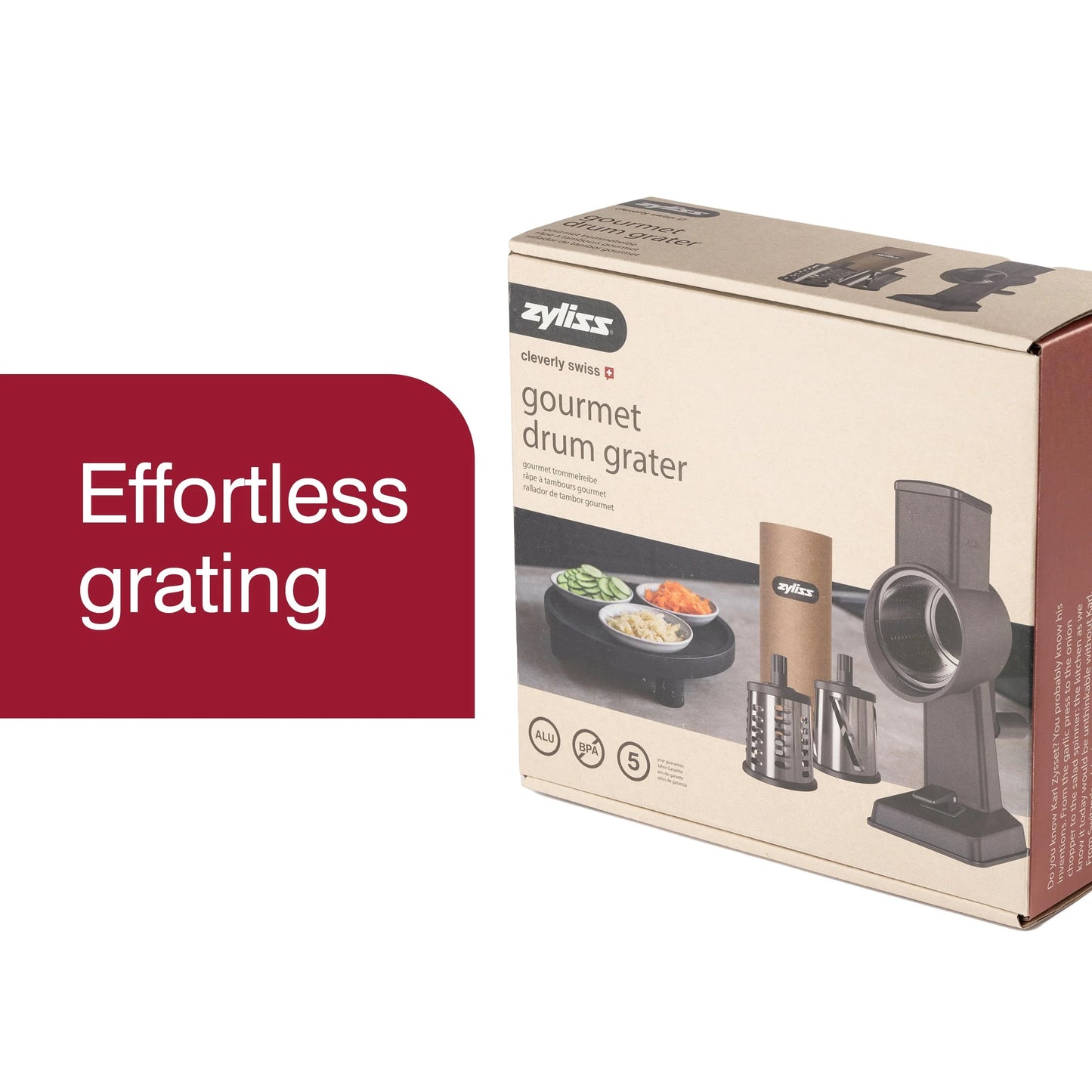 Silver Aluminium Zyliss Rotary Cheese Grater, Aluminium, 3 Steel Drum Blades, Cheese, Vegetable, Chocolate, Nut, Fruit Grater with Handle, Non-Slip Suction Foot and Table Clamp, 5 Year Guarantee, Good Condition condition - View 4