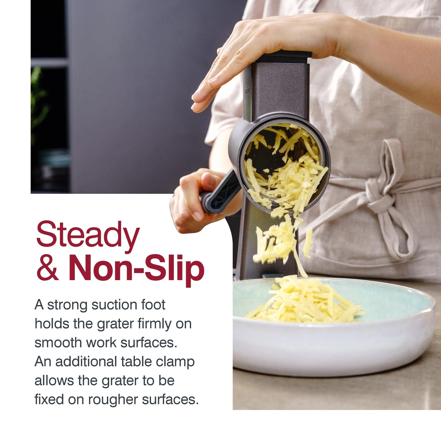 Silver Aluminium Zyliss Rotary Cheese Grater, Aluminium, 3 Steel Drum Blades, Cheese, Vegetable, Chocolate, Nut, Fruit Grater with Handle, Non-Slip Suction Foot and Table Clamp, 5 Year Guarantee, Good Condition condition - View 8