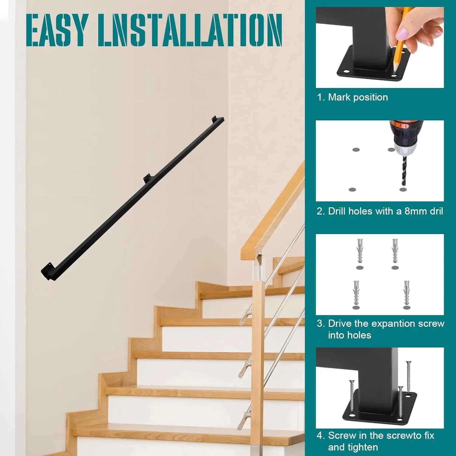 10 Feet Black Metal Handrail for Indoor Stairs - View 9