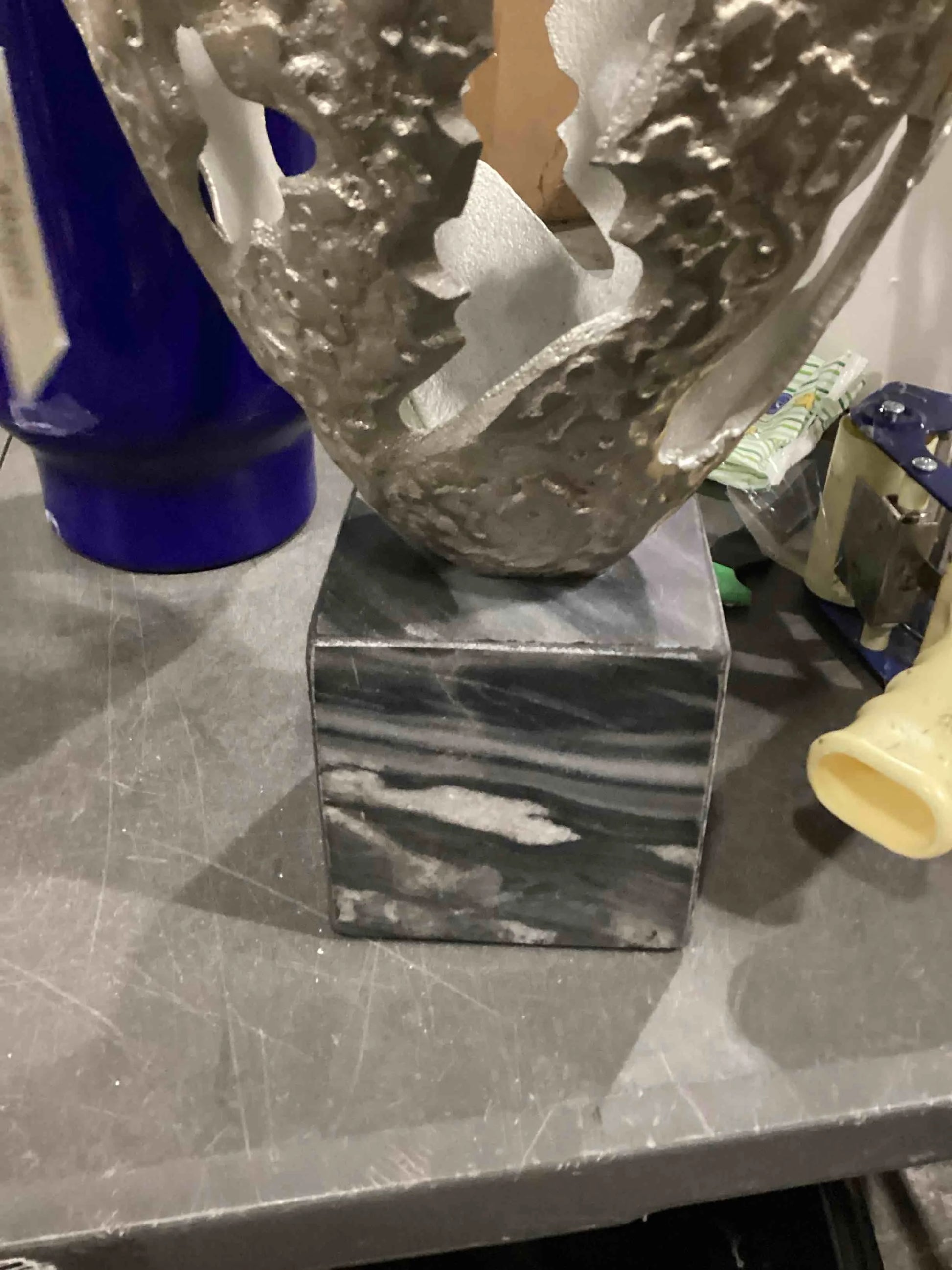 Silver Aluminum Cut-Out Abstract Sculpture with Black Base - View 3