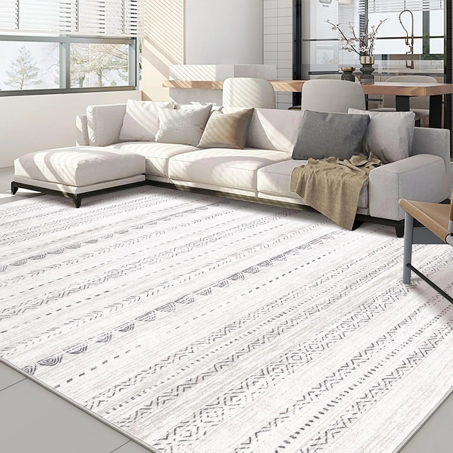 Gray Boho Grey Stain-Resistant Fabric 10x14 Area Rugs Living Room: Washable Boho Large Neutral Modern Soft Stain Resistant Farmhouse Indoor Floor Rug Non Slip Accent Carpet for Bedroom Nursery Kids Playroom Office Dining Room- Gray Boho Grey 10' x 14' (Rectangular), Good Condition condition - View 1