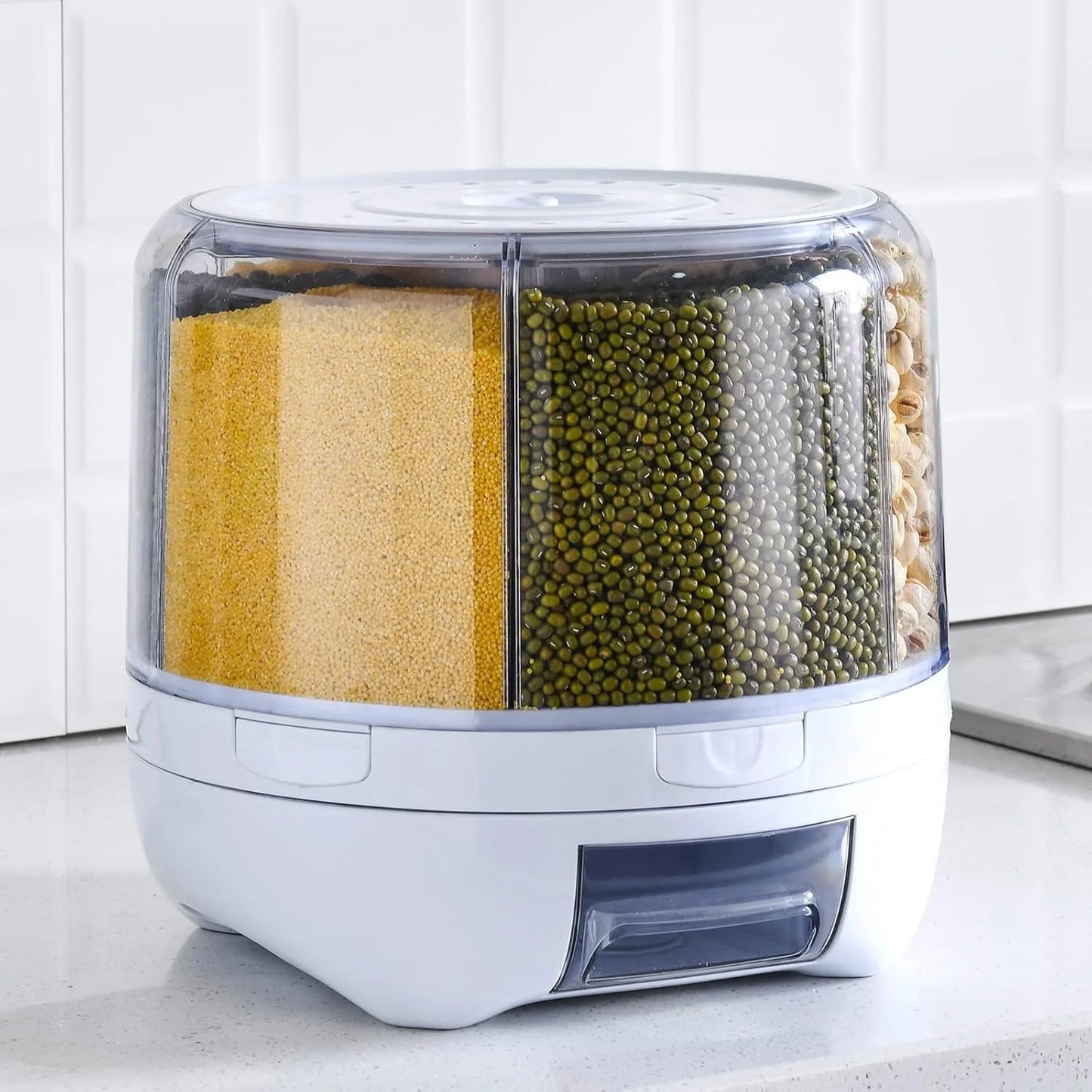 product 20Lbs large Grain dispenser 360°Rotating Rice Food Dispenser 6 Grids rice container rotatable Beans Containers Storage with Sealed lid for Peanut Barley Millet and Cereal, As Is condition - View 1