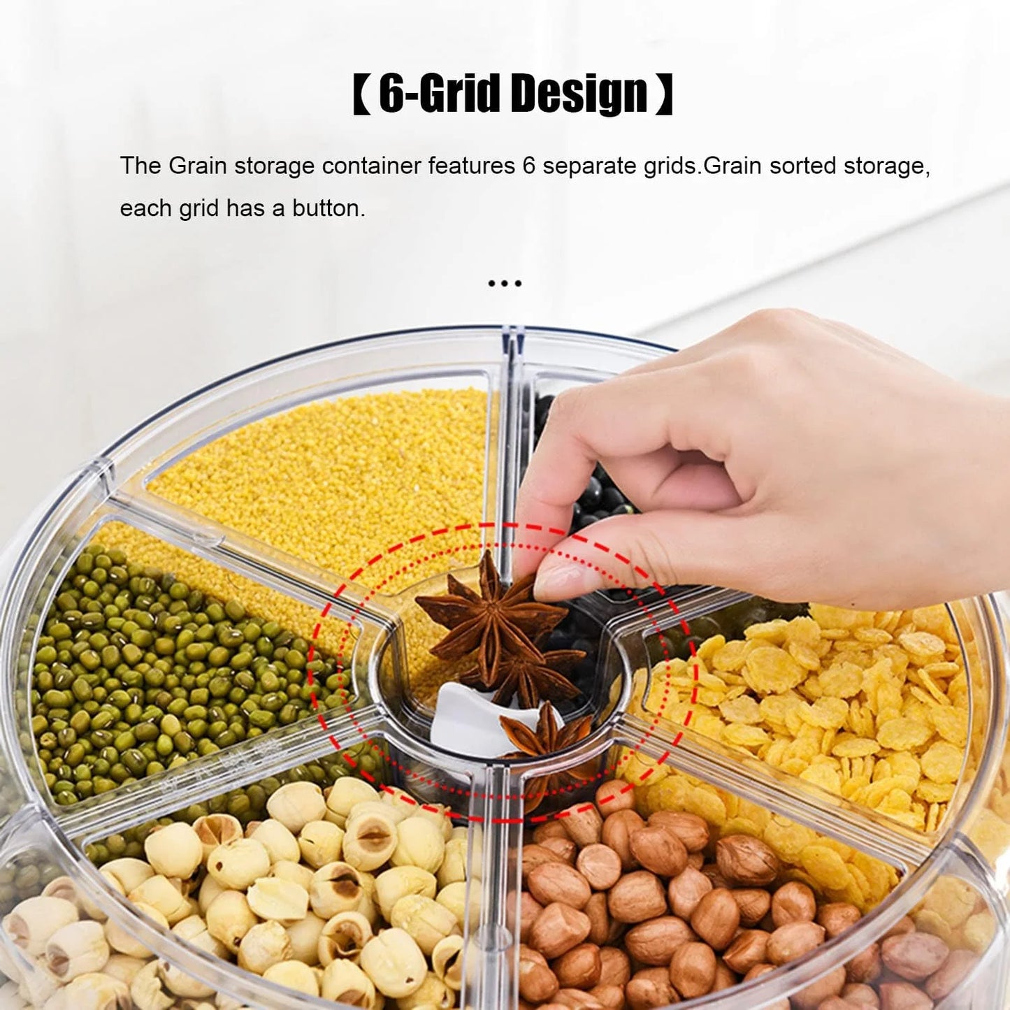 product 20Lbs large Grain dispenser 360°Rotating Rice Food Dispenser 6 Grids rice container rotatable Beans Containers Storage with Sealed lid for Peanut Barley Millet and Cereal, As Is condition - View 5